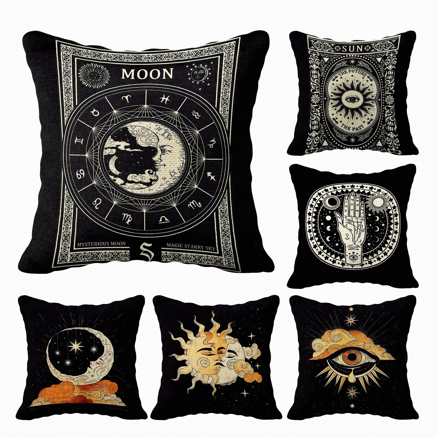 Astrology Tarot Linen Pillow Case Set - Star Moon Sun Theme Room Decor Gift for Mom, Daughter, Sister, Wife - Black Cushion Cover for Sofa Bed - 18x18 Inch, Pack of 6