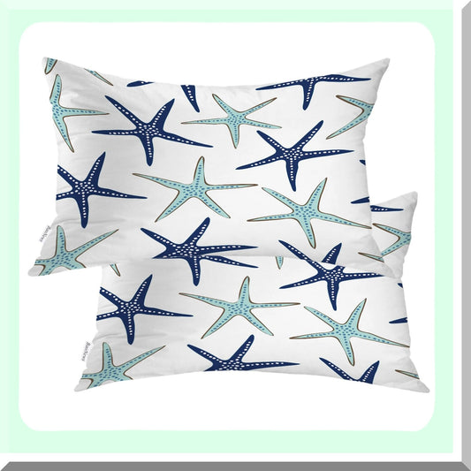 Nautical Starfish Navy Blue Lumbar Pillow Covers - Coastal Decorative Throw Cushion Set for Sofa, Bedroom, Car - 12 x 20 Inches - Set of 2