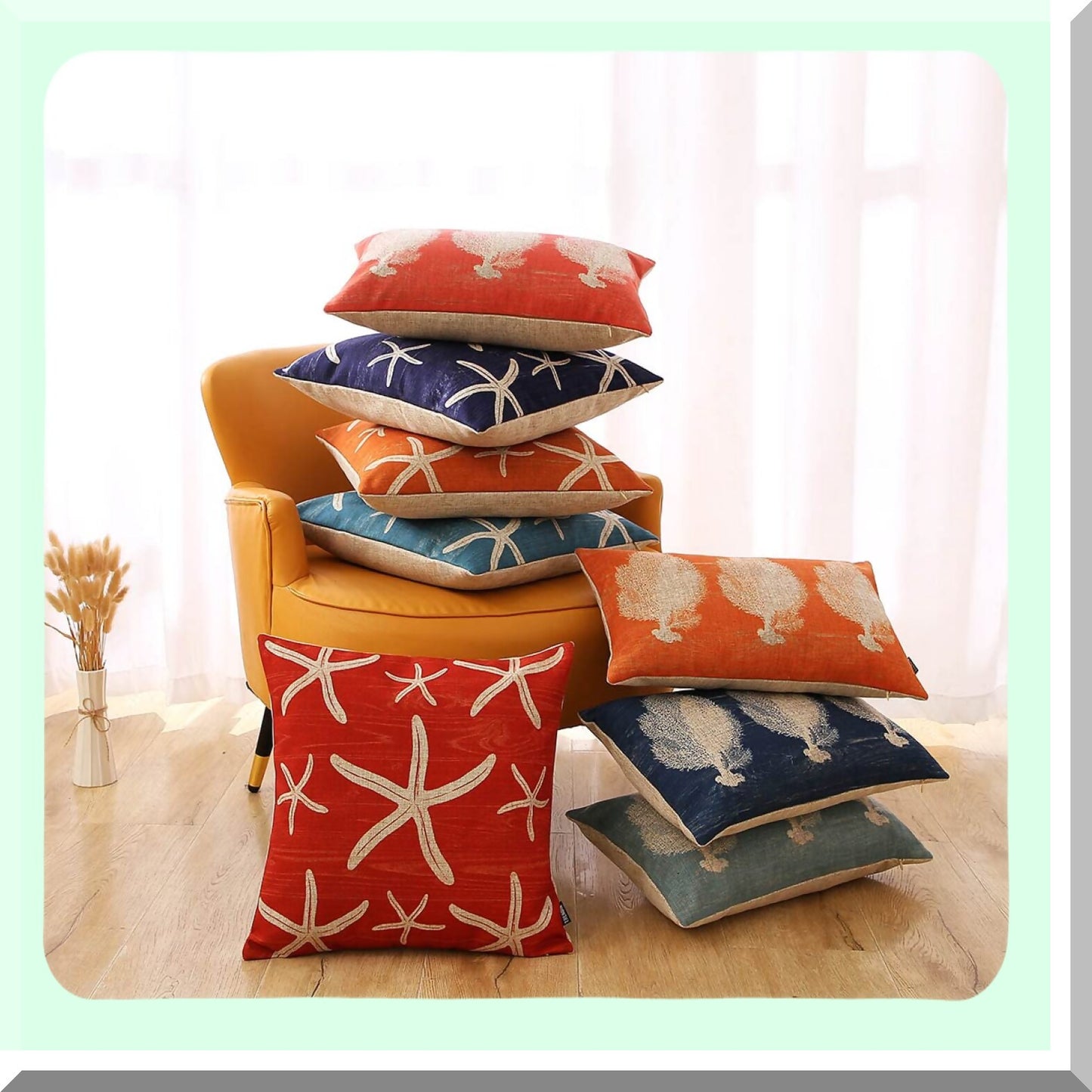 Coastal Starfish Decor Pillowcase - 18x18 Inch Orange Cushion Cover for Couch Sofa - Square Motif Throw Pillow Cover - PL914TR