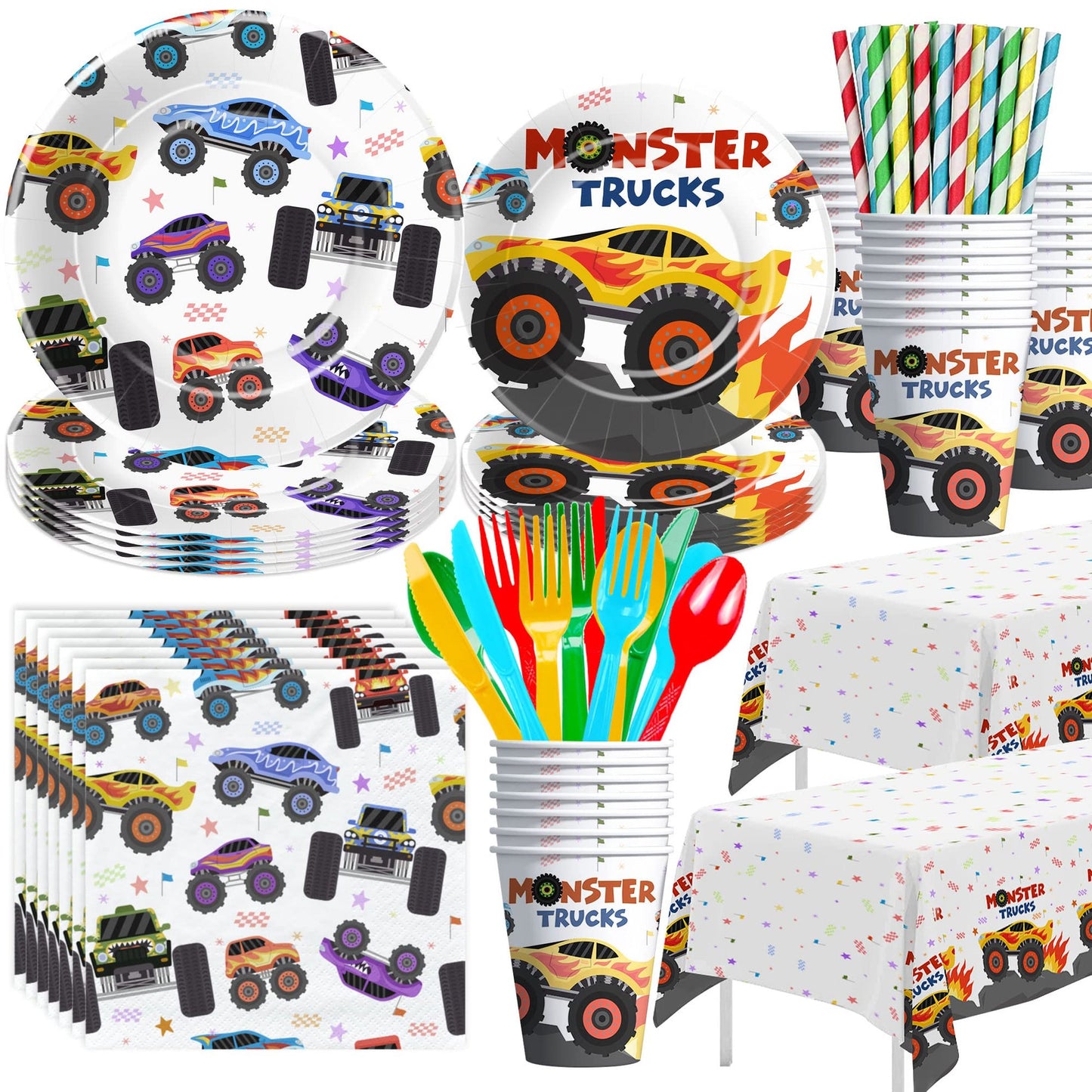 Monster Jam Party Pack - Complete Monster Truck Birthday Supplies for 24 Guests! Includes Plates, Cups, Napkins, Tablecloth, Cutlery, and Straws. Get ready to rev up the fun!