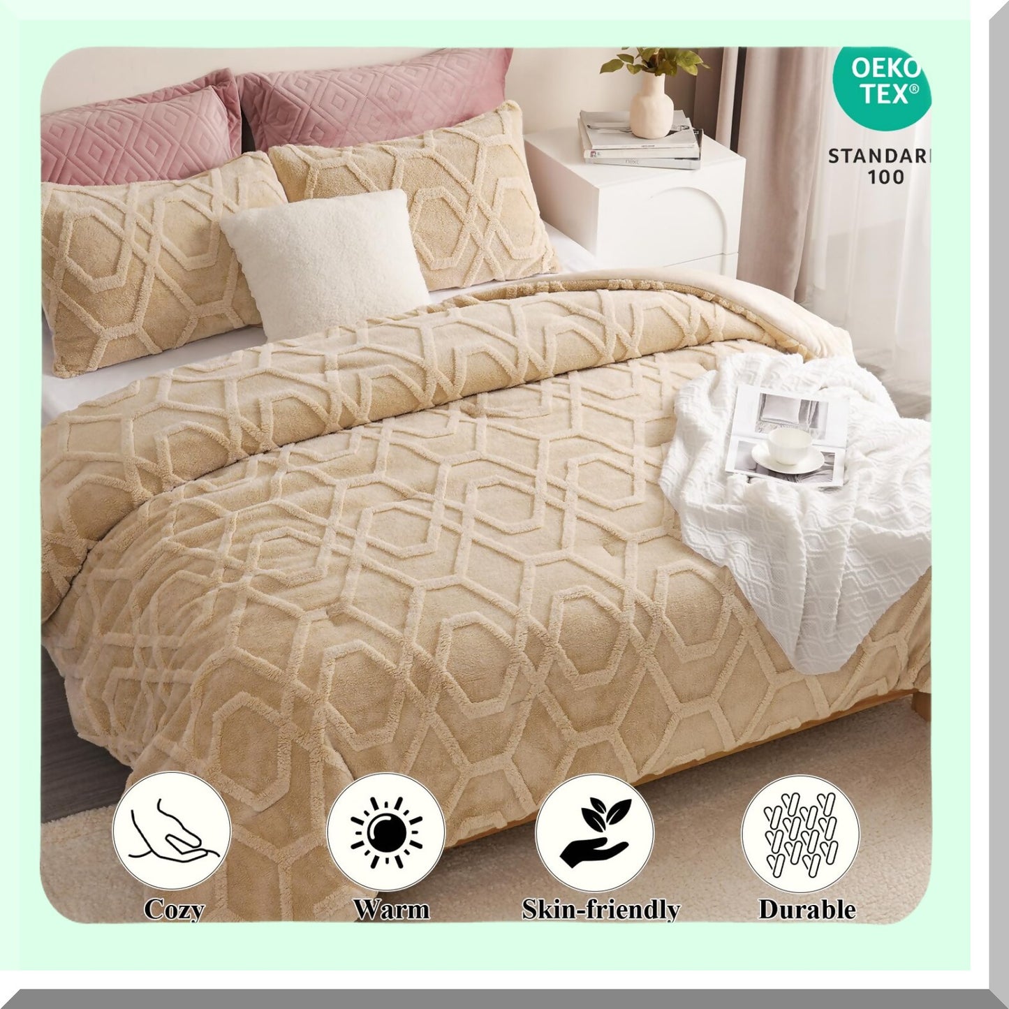 CozySherpa 3D Tufted Comforter Set - Fuzzy Fluffy Bedding for Winter - Soft Shaggy Sherpa - Beige - 104x90Inch