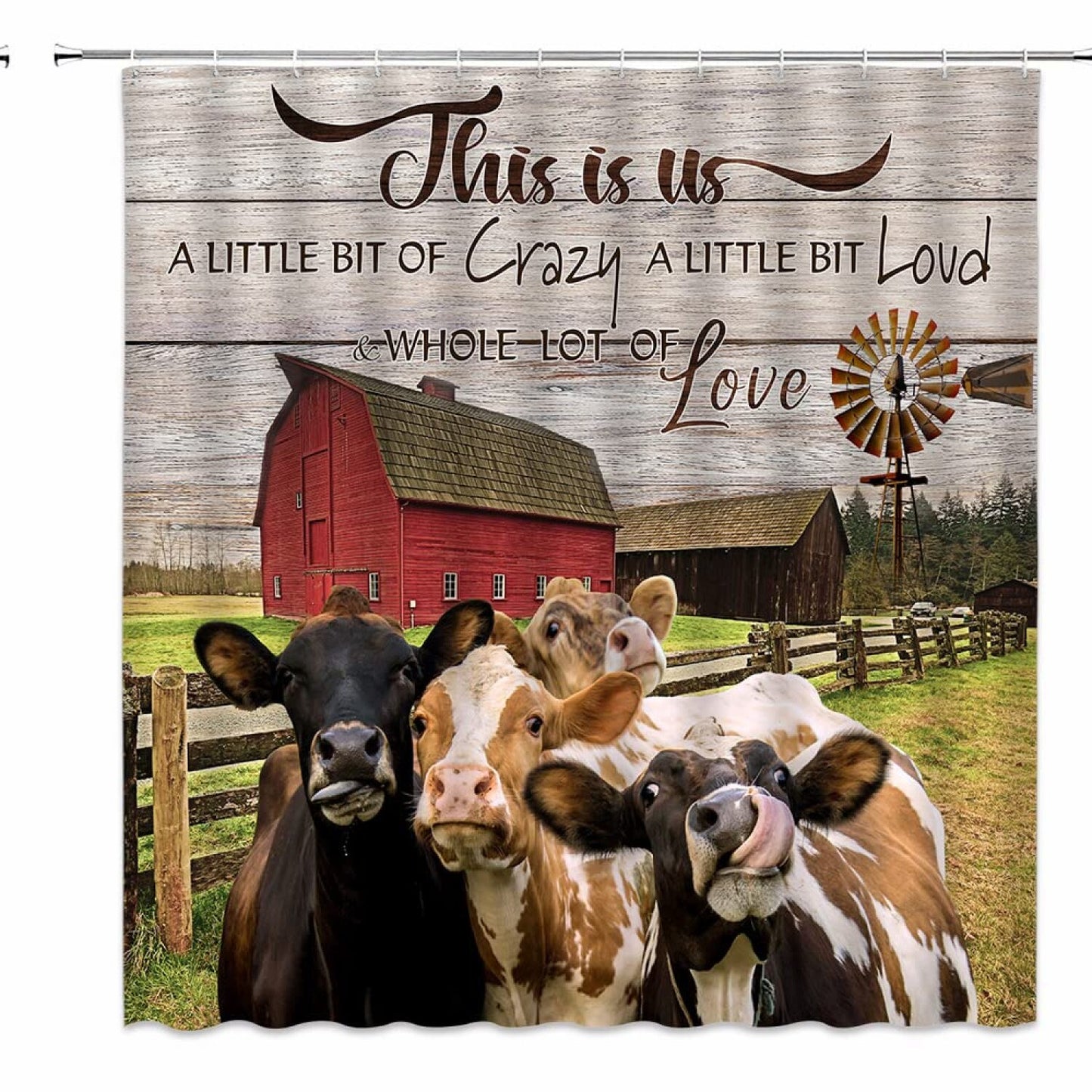 Farm Animal Shower Curtain Red Barn Farmhouse Fabric