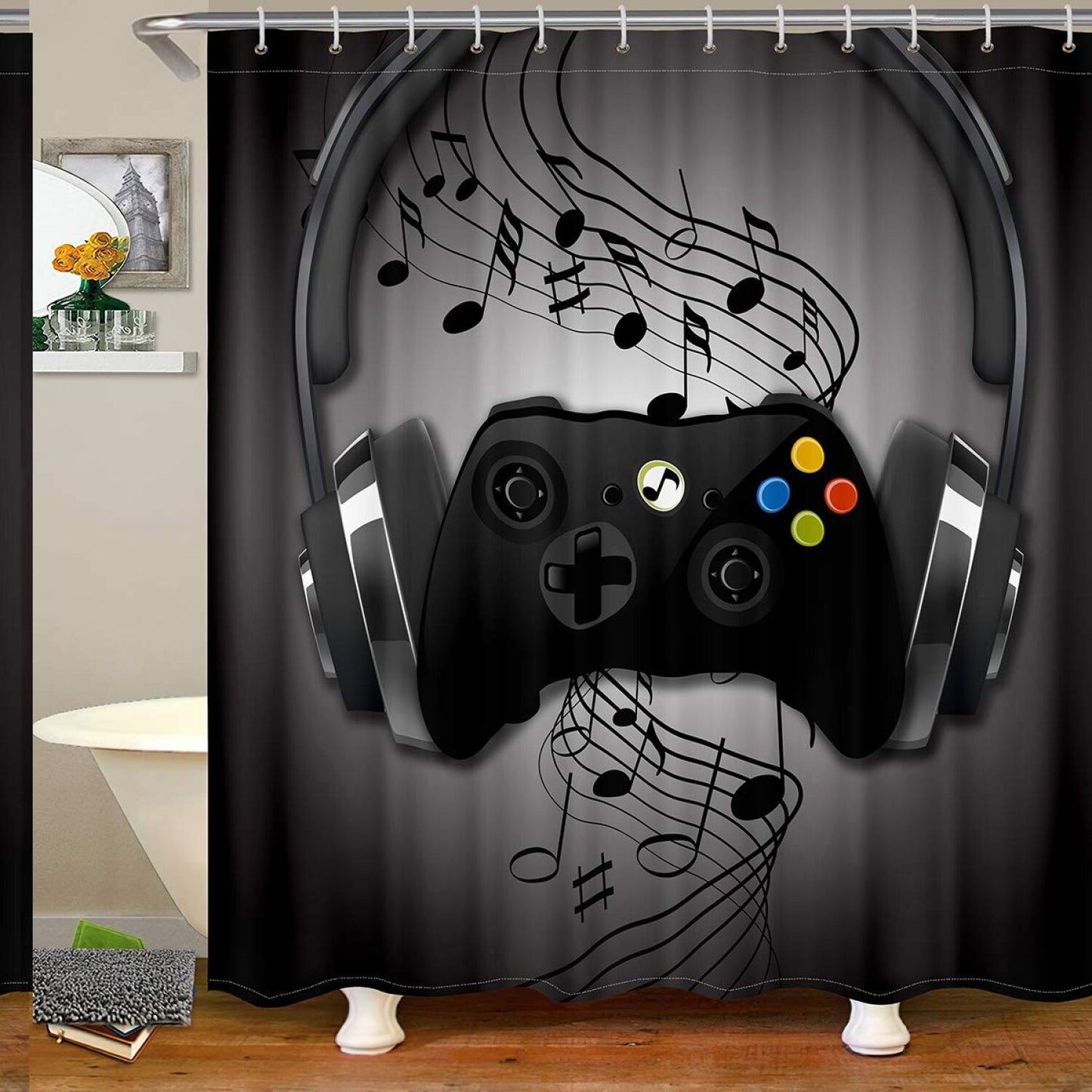 Boys Gaming Shower Curtain 72" Black Grey