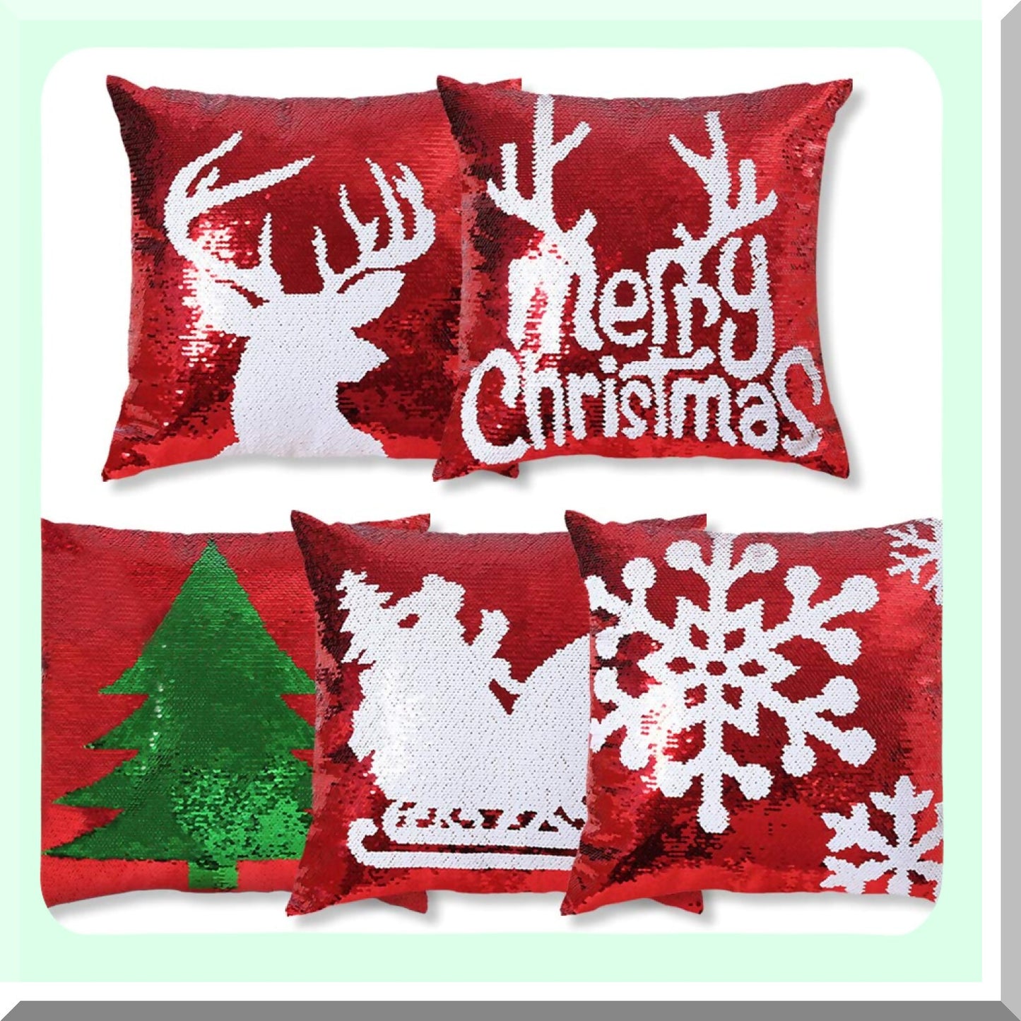 Mermaid Magic Reversible Sequin Pillowcase Set - Red Decorative Throw Pillow Covers 18x18 Inch - Pack of 5 Pieces - Sparkling Sequin Pillow Cover