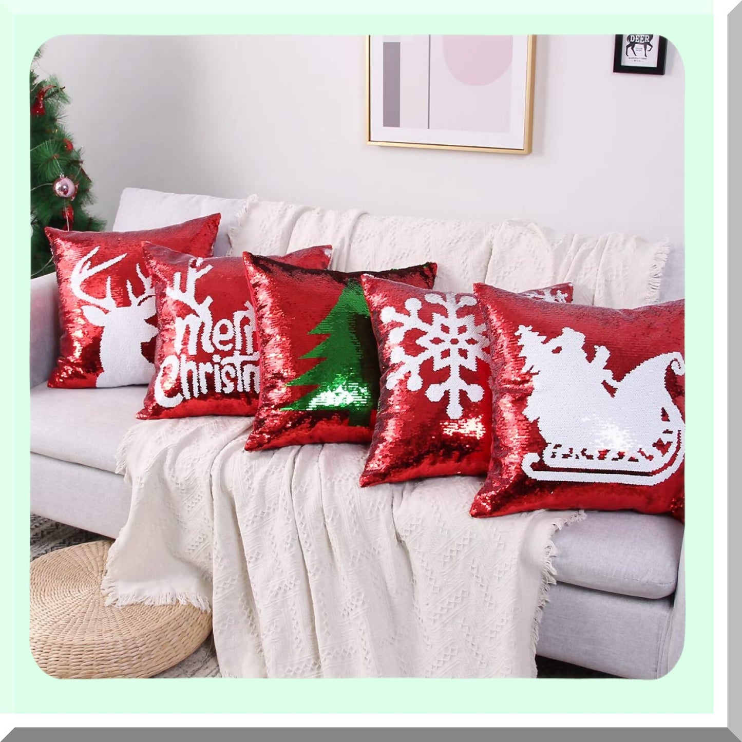 Mermaid Magic Reversible Sequin Pillowcase Set - Red Decorative Throw Pillow Covers 18x18 Inch - Pack of 5 Pieces - Sparkling Sequin Pillow Cover