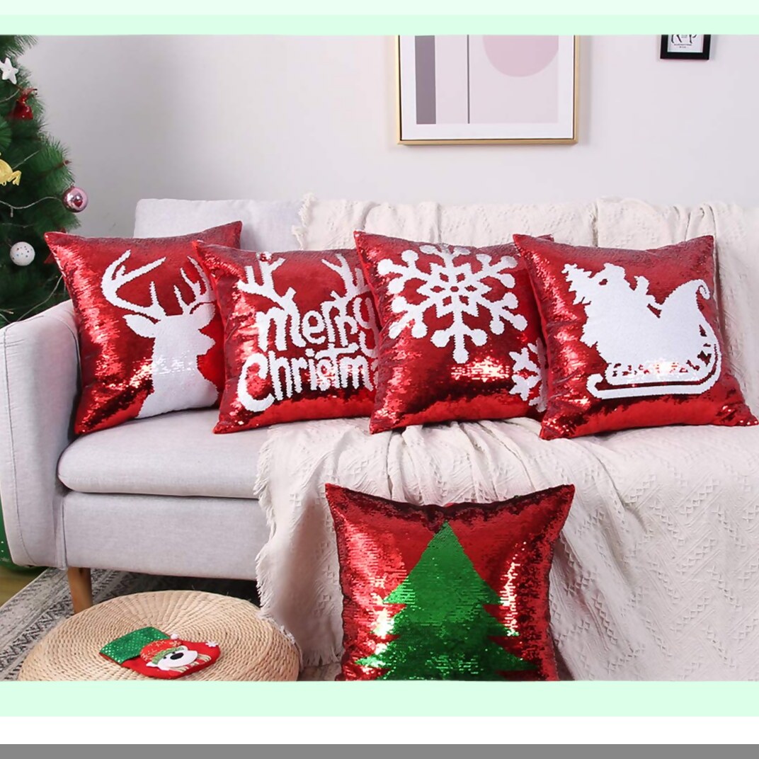 Mermaid Magic Reversible Sequin Pillowcase Set - Red Decorative Throw Pillow Covers 18x18 Inch - Pack of 5 Pieces - Sparkling Sequin Pillow Cover
