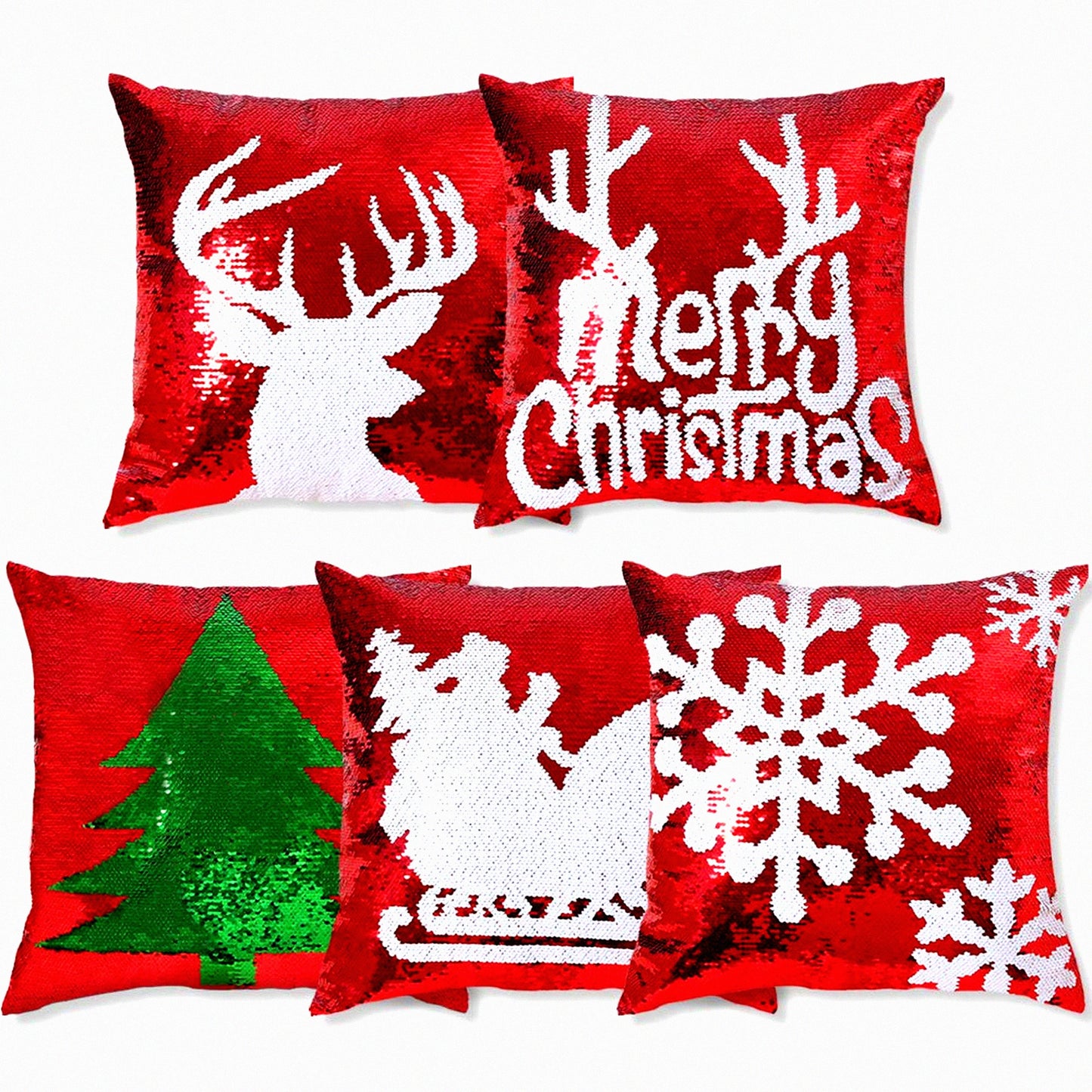 Mermaid Magic Reversible Sequin Pillowcase Set - Red Decorative Throw Pillow Covers 18x18 Inch - Pack of 5 Pieces - Sparkling Sequin Pillow Cover