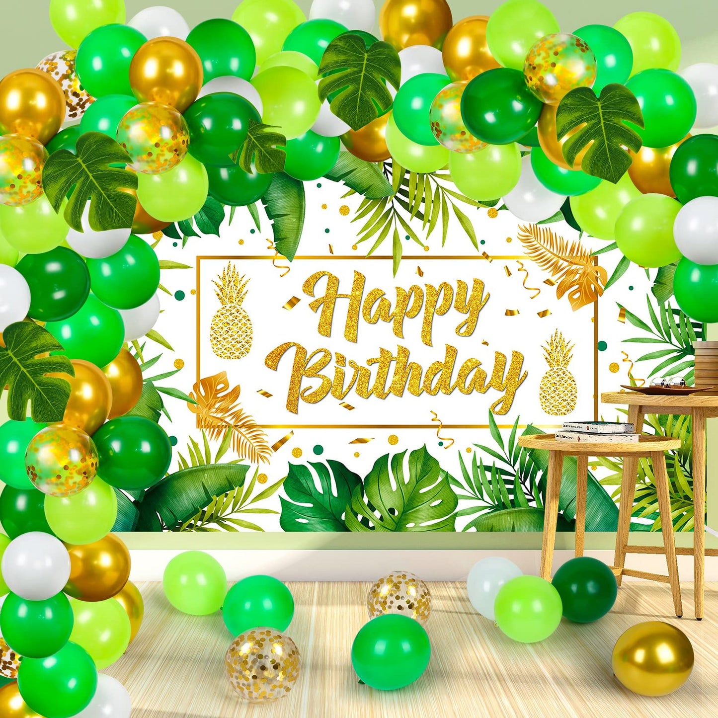 Tropical Palm Birthday Party Kit - Large Banner, 45 Balloons, Jungle Backdrop, Women Men Baby Shower Decorations - Happy Birthday Theme Leaves Garland