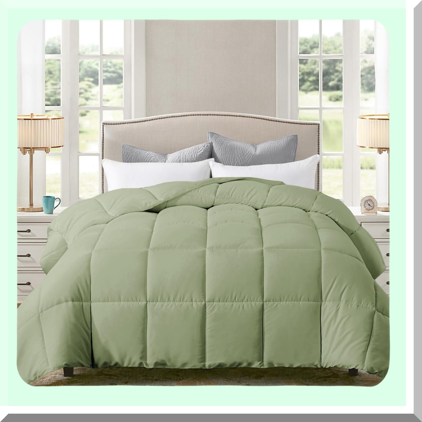 Sage Green All Season Comforter - Lightweight Down Alternative Quilted Duvet Insert for Full Size Bed - Hotel Quality Bedding for Winter & Summer - Warm & Fluffy 8286 Inch Dimensions