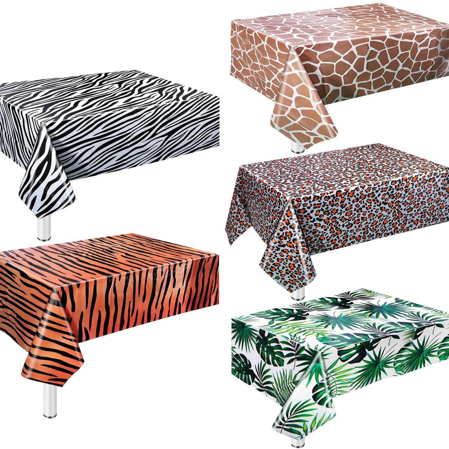 Safari Jungle Party Tablecloth Pack - Zoo Print Cover with Leopard, Tiger, Zebra, Giraffe, Palm Leaf Designs. Perfect for Birthday Parties & Baby Showers!