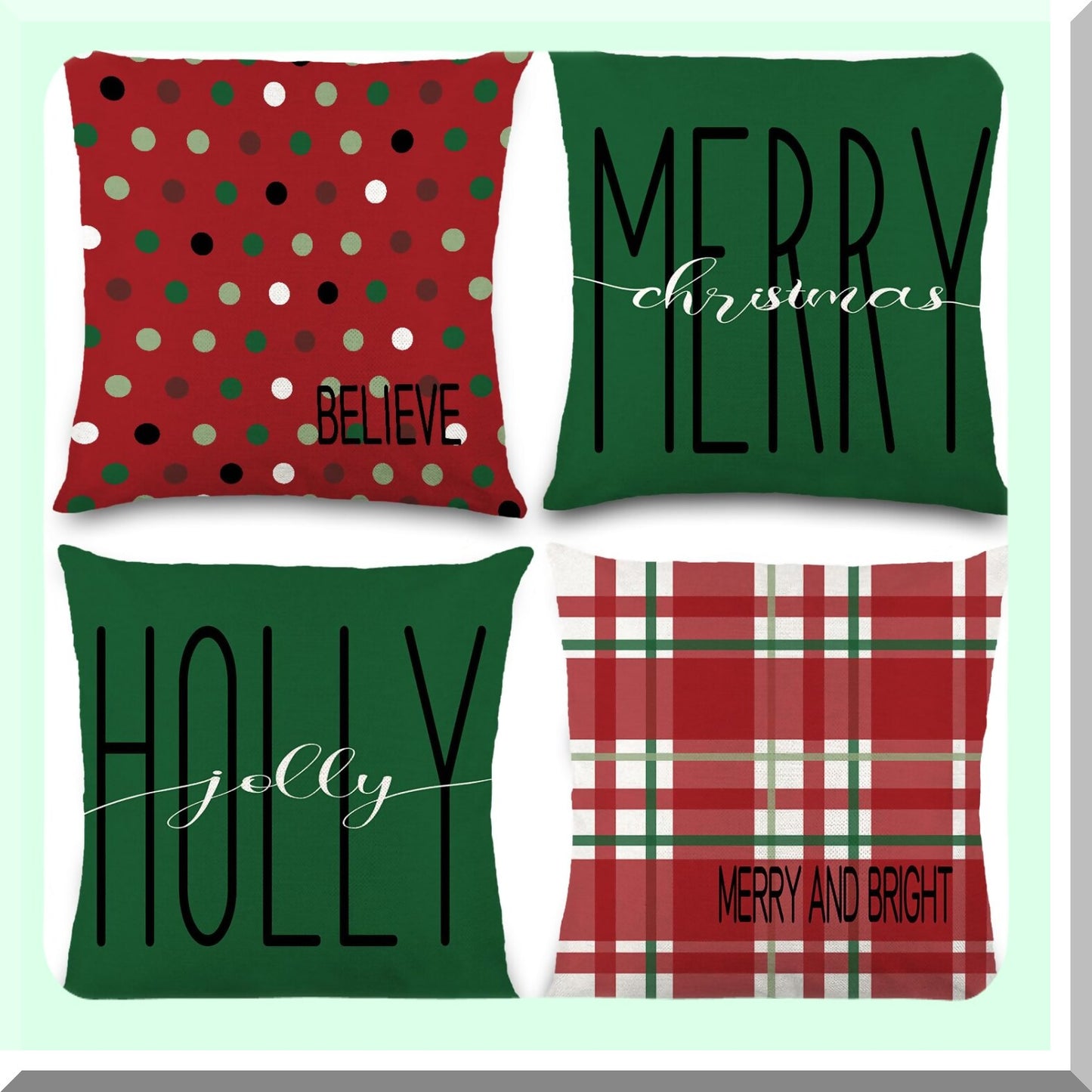 Winter Wonderland Plaid Dot Pillow Covers - Set of 4 Holiday Decorative Cushion Cases for Couch Sofa - Farmhouse Home Decor 18 x 18 Inch Red Green