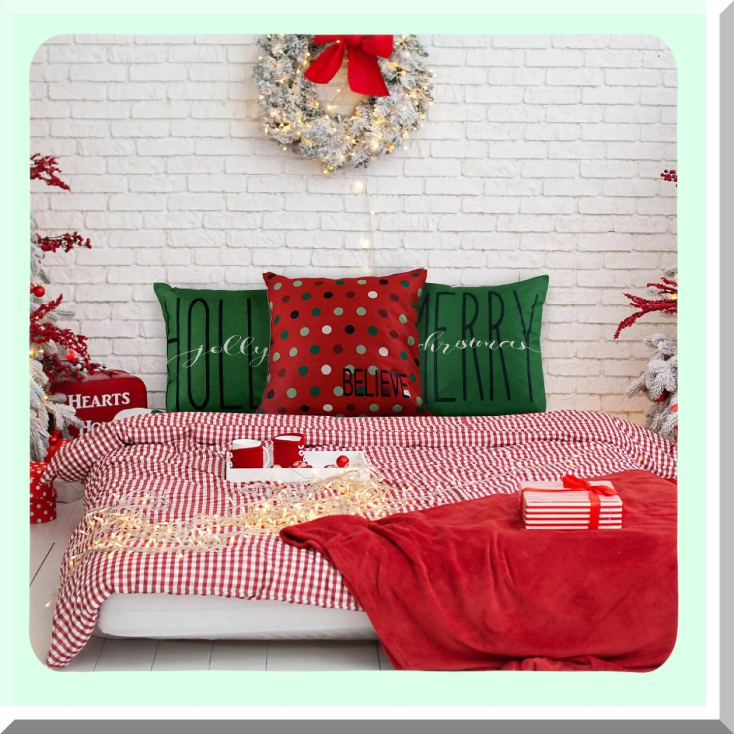 Winter Wonderland Plaid Dot Pillow Covers - Set of 4 Holiday Decorative Cushion Cases for Couch Sofa - Farmhouse Home Decor 18 x 18 Inch Red Green