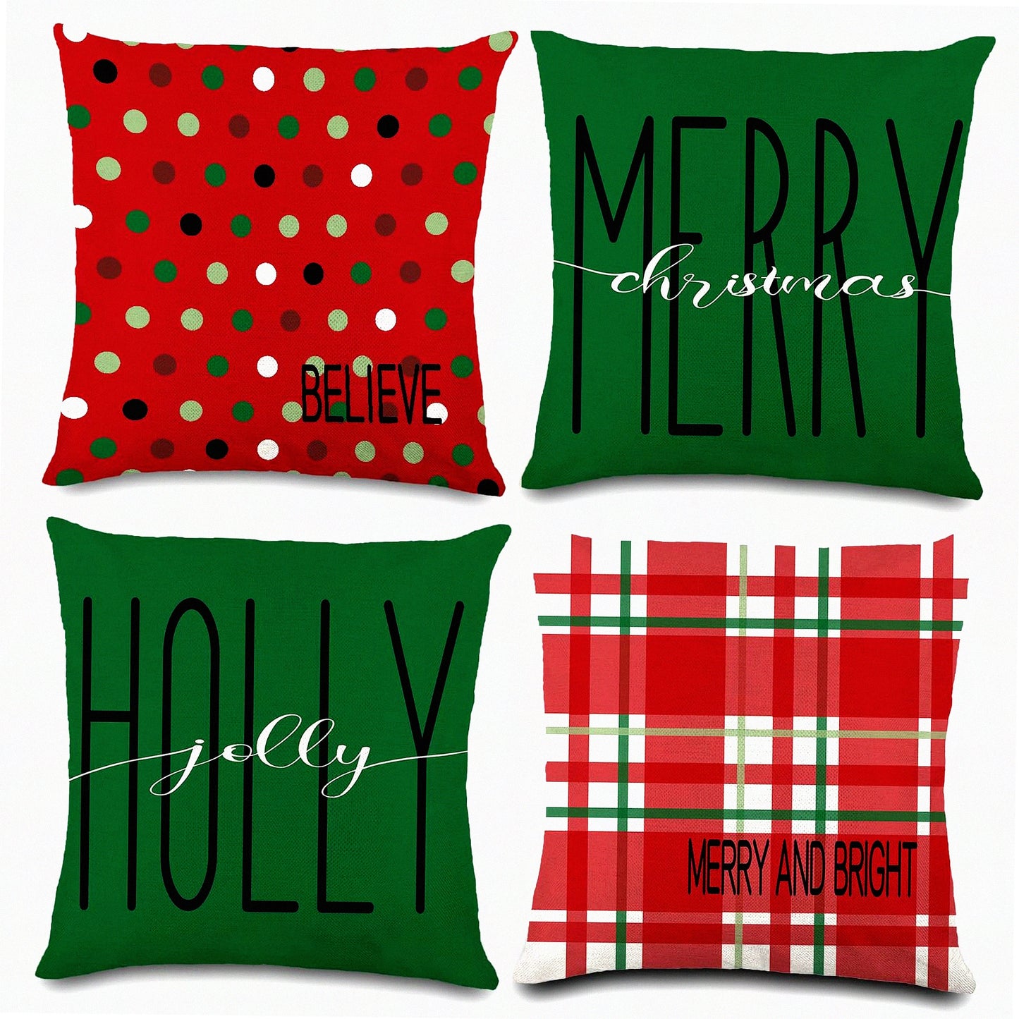 Winter Wonderland Plaid Dot Pillow Covers - Set of 4 Holiday Decorative Cushion Cases for Couch Sofa - Farmhouse Home Decor 18 x 18 Inch Red Green