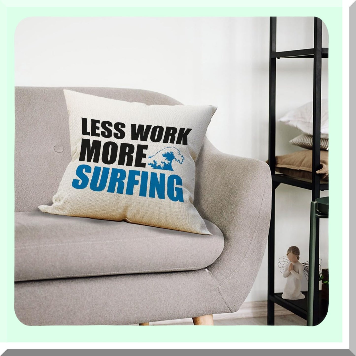 Surfing Paradise Decorative Pillow Cover - Beach Vacation Gifts for Sports & Surf Lovers - 18x18 Inch Cushion for Sofa & Bed - Less Work More Surfing Theme
