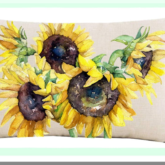Sunflower Harvest Lumbar Pillow Cover - Autumn Festival Decorative Cushion Case for Home, Sofa, Chair, Car - Hand Painted Watercolor Design - 12x20 inches Cotton Linen Fabric