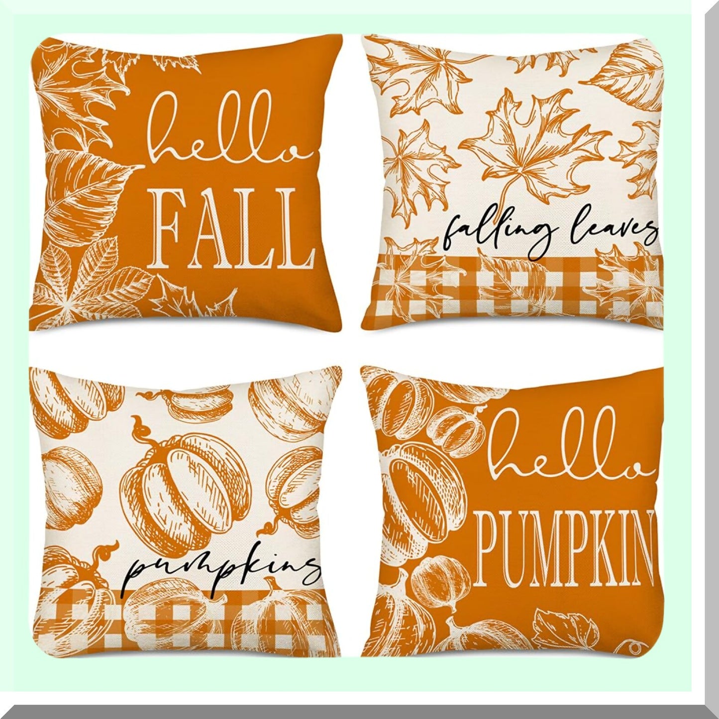 Autumn Harvest Pillow Cover Set - 24x24, Hello Pumpkin & Falling Leaves Design, Farmhouse Thanksgiving Decor, Orange Couch Decorations, Set of 4