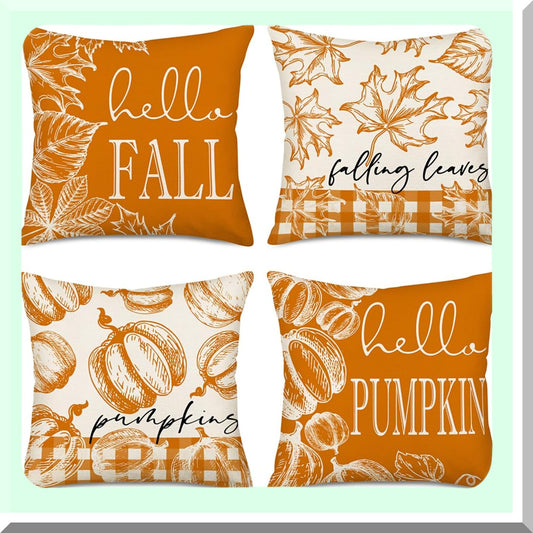 Autumn Harvest Pillow Cover Set - 24x24, Hello Pumpkin & Falling Leaves Design, Farmhouse Thanksgiving Decor, Orange Couch Decorations, Set of 4