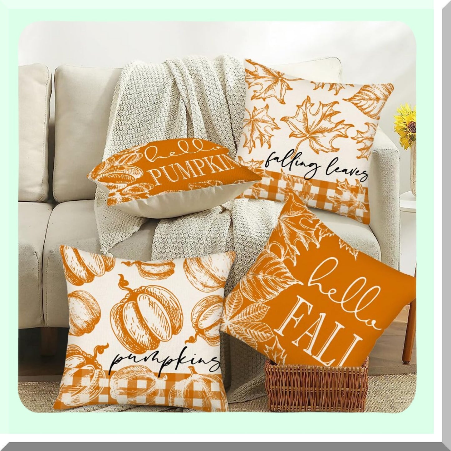 Autumn Harvest Pillow Cover Set - 24x24, Hello Pumpkin & Falling Leaves Design, Farmhouse Thanksgiving Decor, Orange Couch Decorations, Set of 4