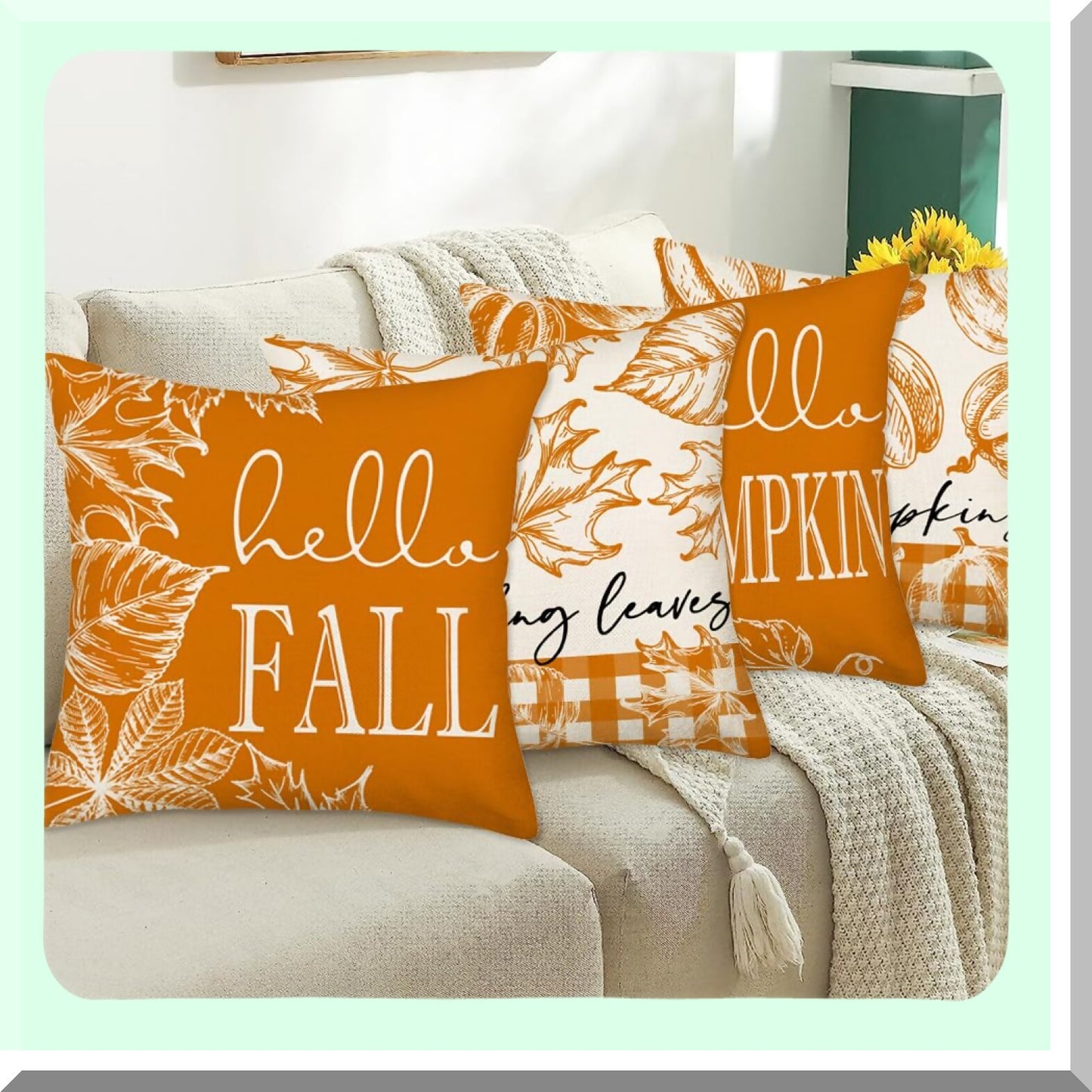 Autumn Harvest Pillow Cover Set - 24x24, Hello Pumpkin & Falling Leaves Design, Farmhouse Thanksgiving Decor, Orange Couch Decorations, Set of 4