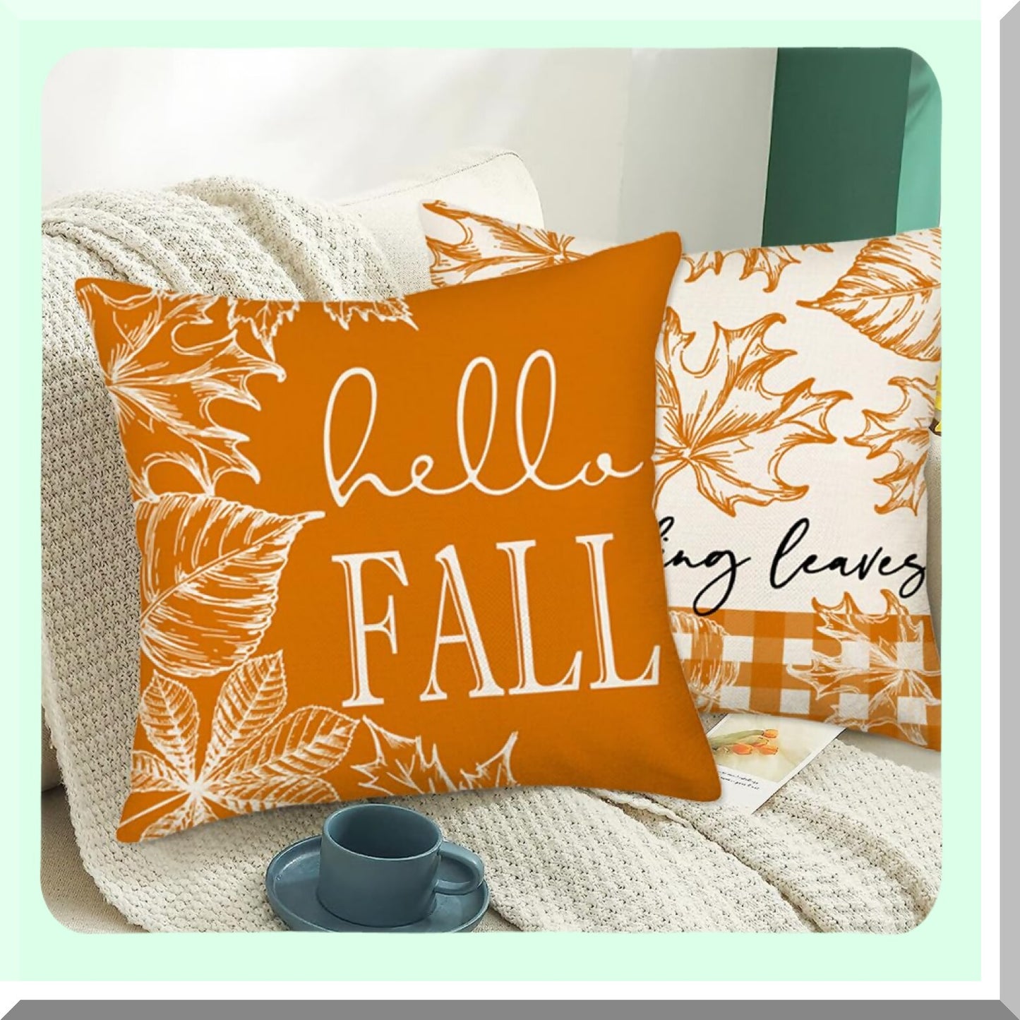 Autumn Harvest Pillow Cover Set - 24x24, Hello Pumpkin & Falling Leaves Design, Farmhouse Thanksgiving Decor, Orange Couch Decorations, Set of 4