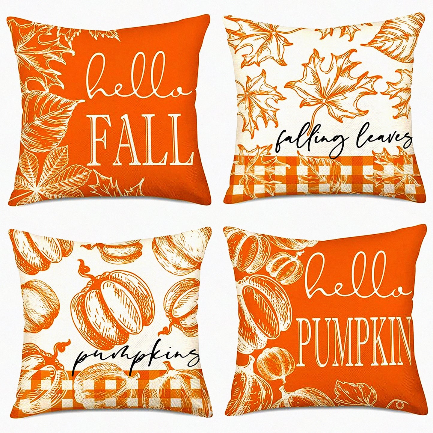 Autumn Harvest Pillow Cover Set - 24x24, Hello Pumpkin & Falling Leaves Design, Farmhouse Thanksgiving Decor, Orange Couch Decorations, Set of 4