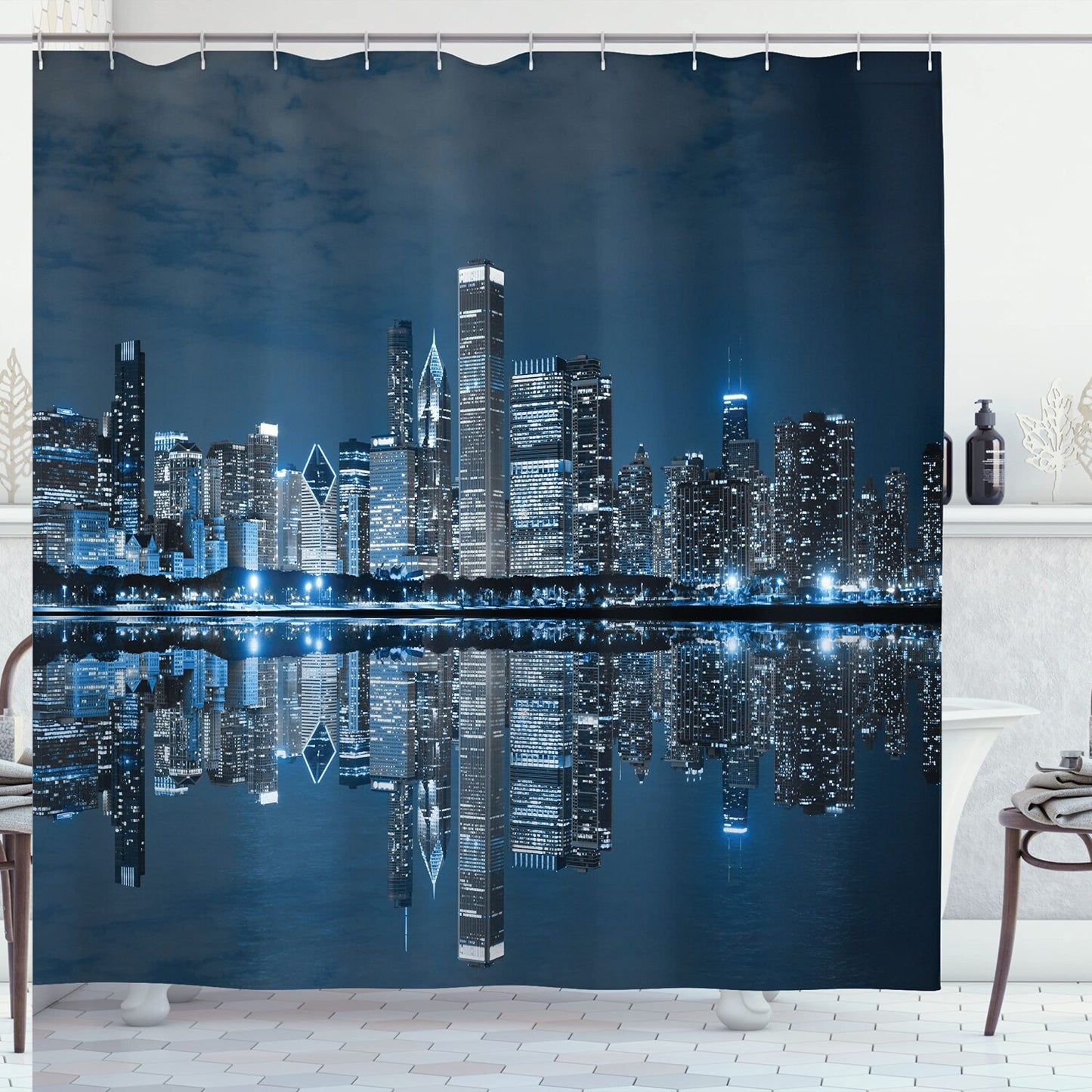 Chicago Skyline Shower Curtain 69x70 Night Blue Grey