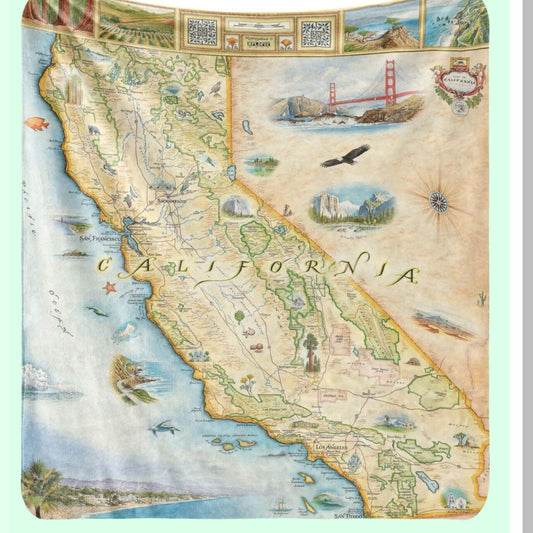 Golden Coast Comfort: Hand-Drawn California State Map Fleece Blanket - Soft, Cozy, and Warm Throw for Couch - Unique Gift 58"x 50"