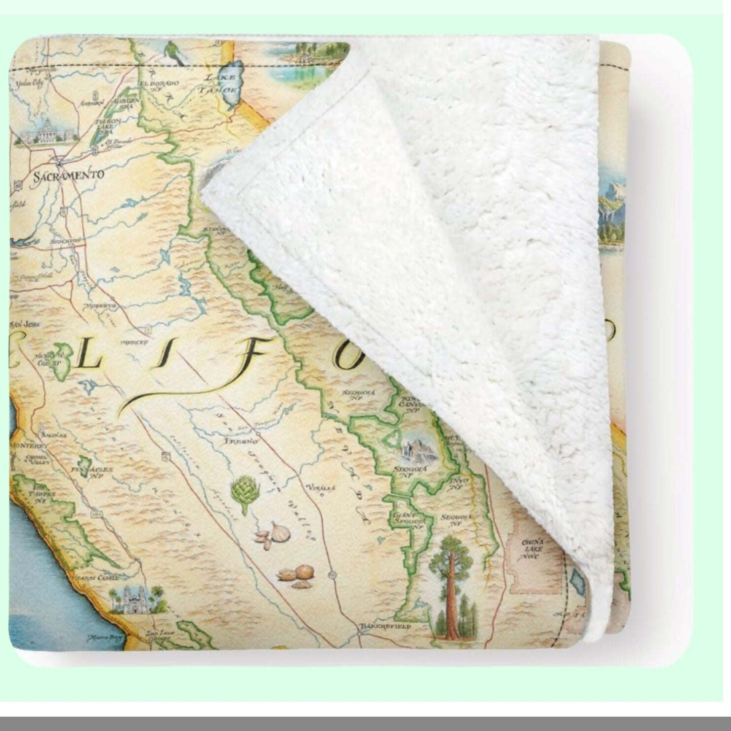 Golden Coast Comfort: Hand-Drawn California State Map Fleece Blanket - Soft, Cozy, and Warm Throw for Couch - Unique Gift 58"x 50"