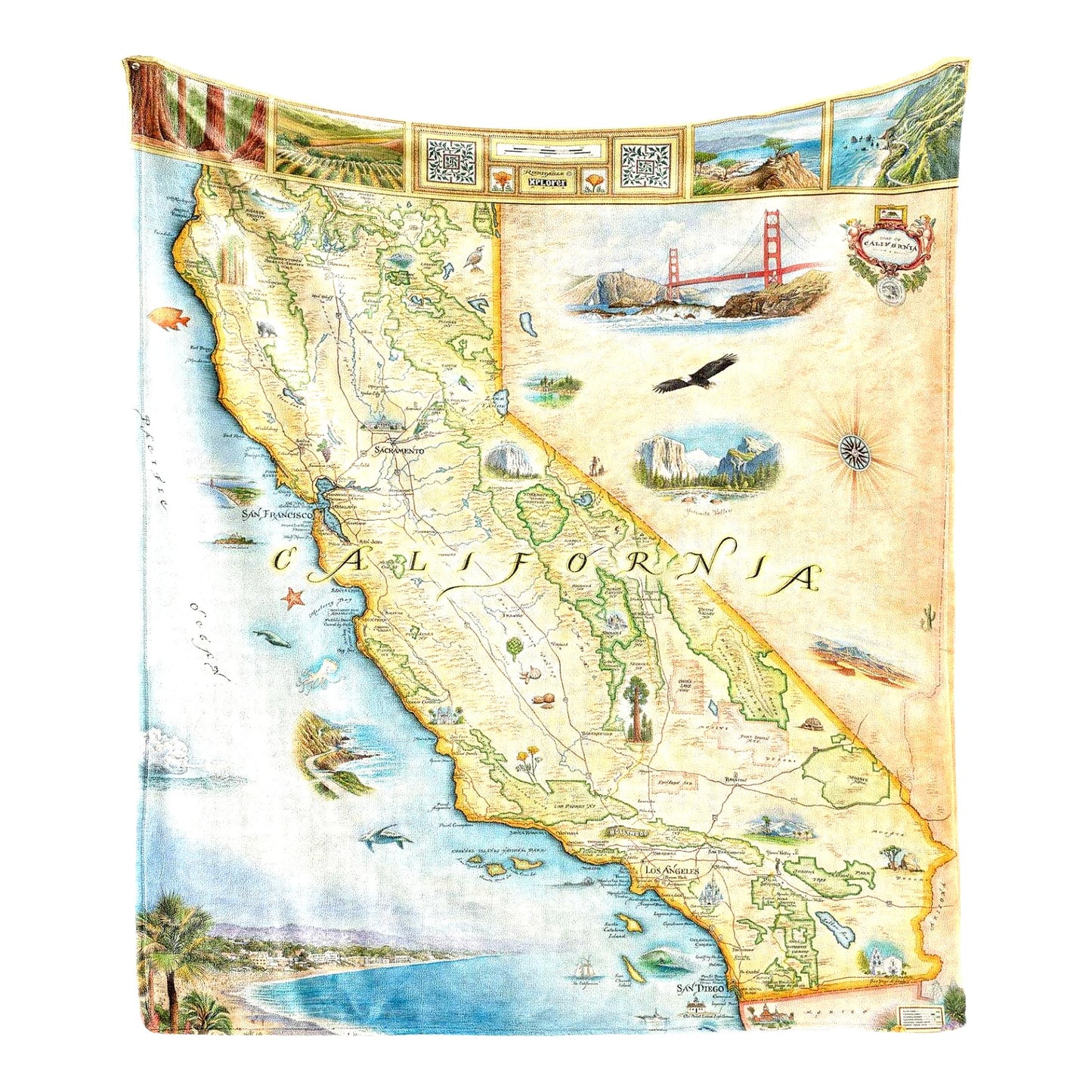 Golden Coast Comfort: Hand-Drawn California State Map Fleece Blanket - Soft, Cozy, and Warm Throw for Couch - Unique Gift 58"x 50"