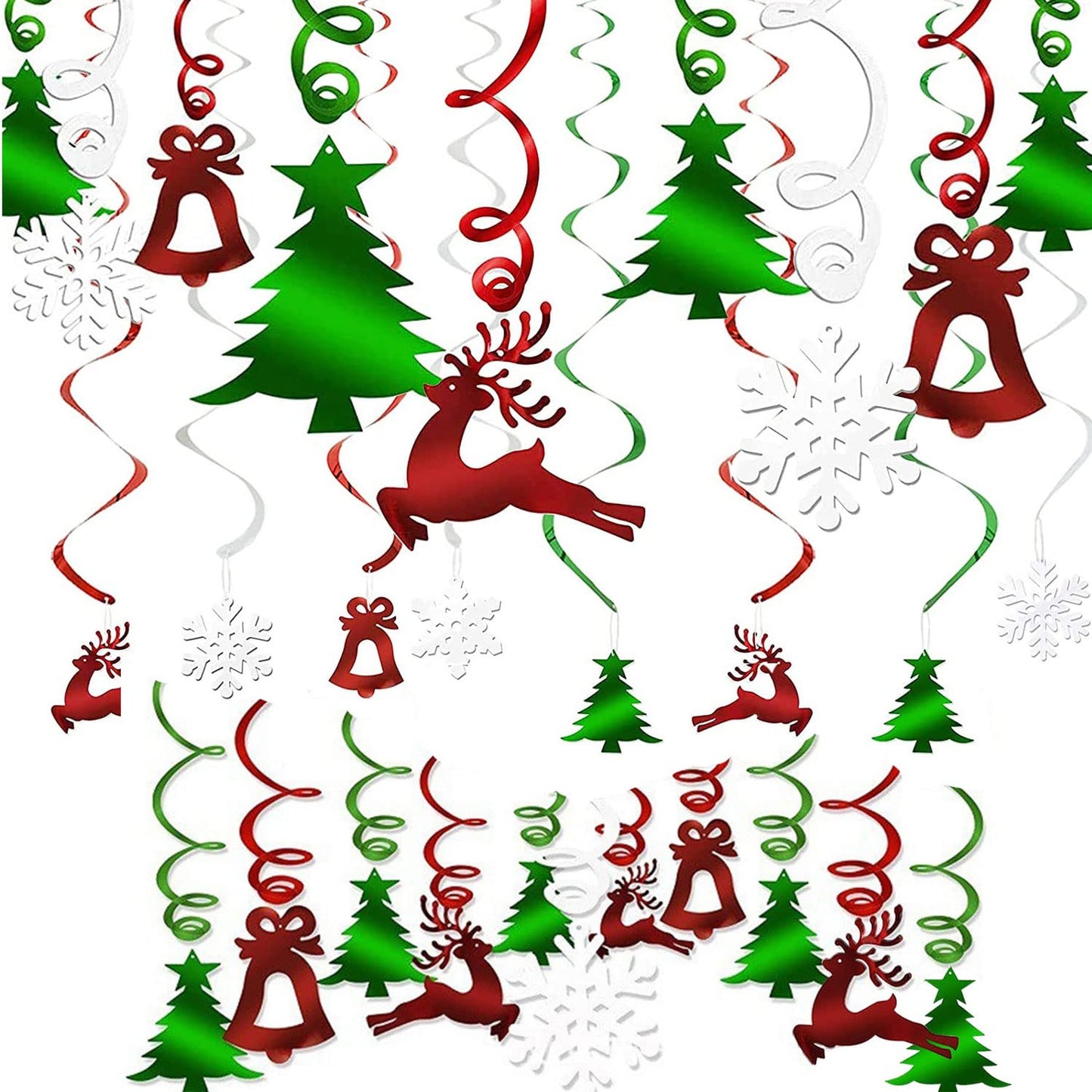 Festive Hanging Swirls - Reindeer Bell Tree Snowflake Decor Set (30Pcs) - Christmas Party Supplies for Home, Porch, Bar - Holiday Ceiling Decorations