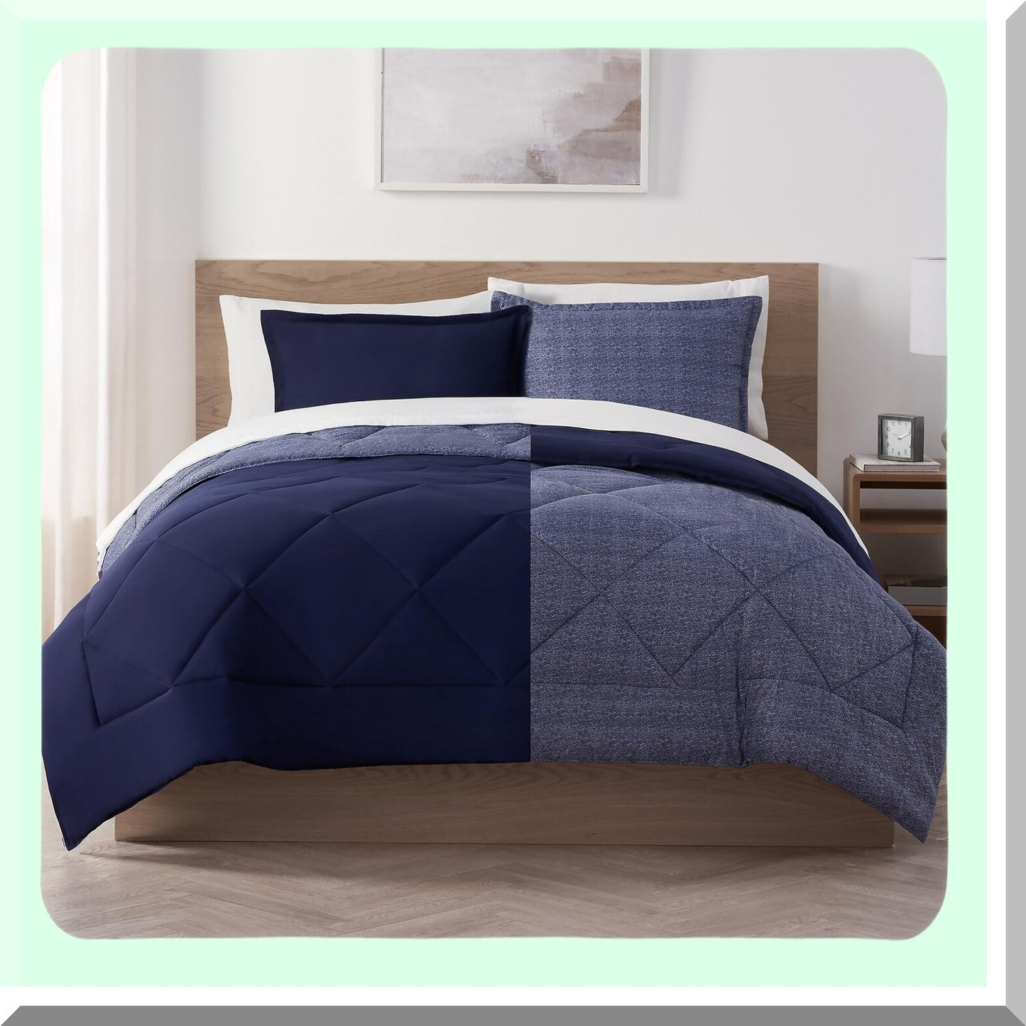 CoolBreeze 7pc Reversible Bed Set - Queen Size Comforter, Sheets, Pillow Covers - Supersoft Cooling Technology - Peacoat Blue - All-in-One Bedding