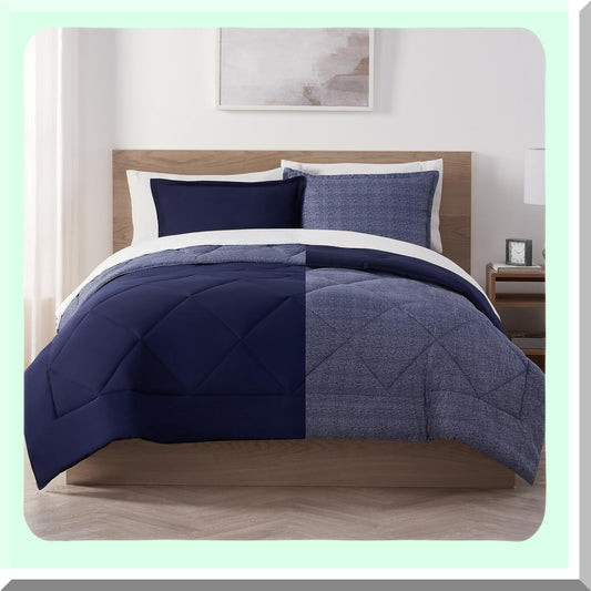 CoolBreeze 7pc Reversible Bed Set - Queen Size Comforter, Sheets, Pillow Covers - Supersoft Cooling Technology - Peacoat Blue - All-in-One Bedding