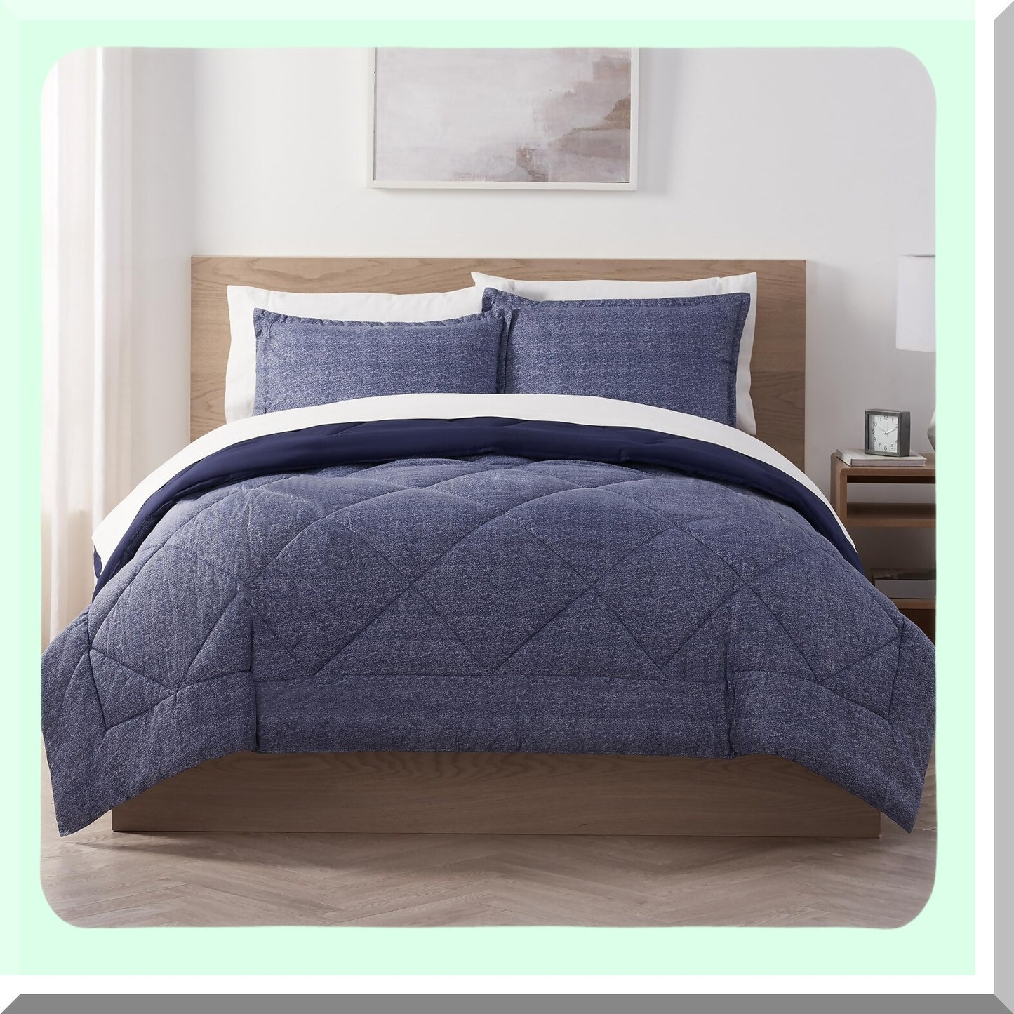 CoolBreeze 7pc Reversible Bed Set - Queen Size Comforter, Sheets, Pillow Covers - Supersoft Cooling Technology - Peacoat Blue - All-in-One Bedding