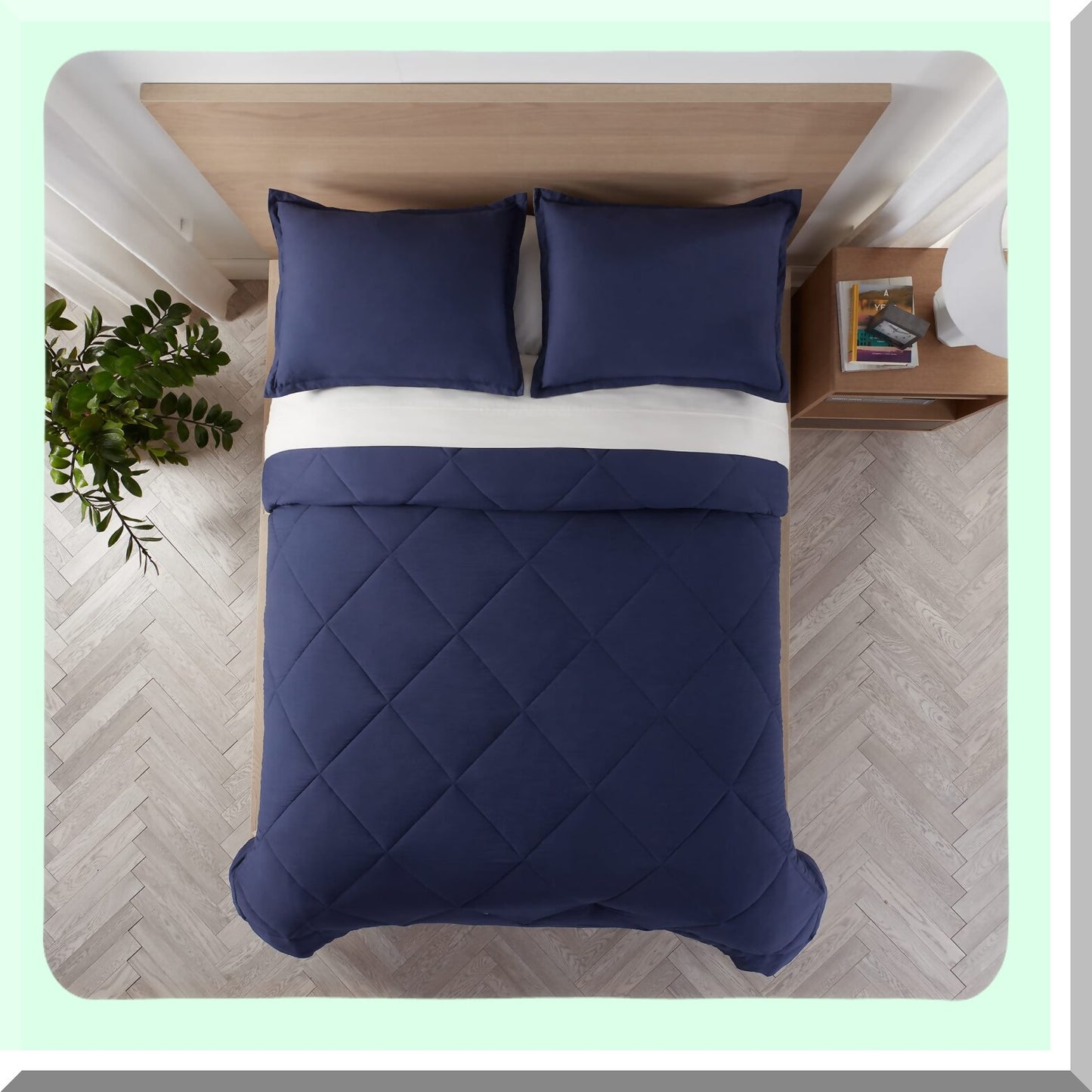 CoolBreeze 7pc Reversible Bed Set - Queen Size Comforter, Sheets, Pillow Covers - Supersoft Cooling Technology - Peacoat Blue - All-in-One Bedding
