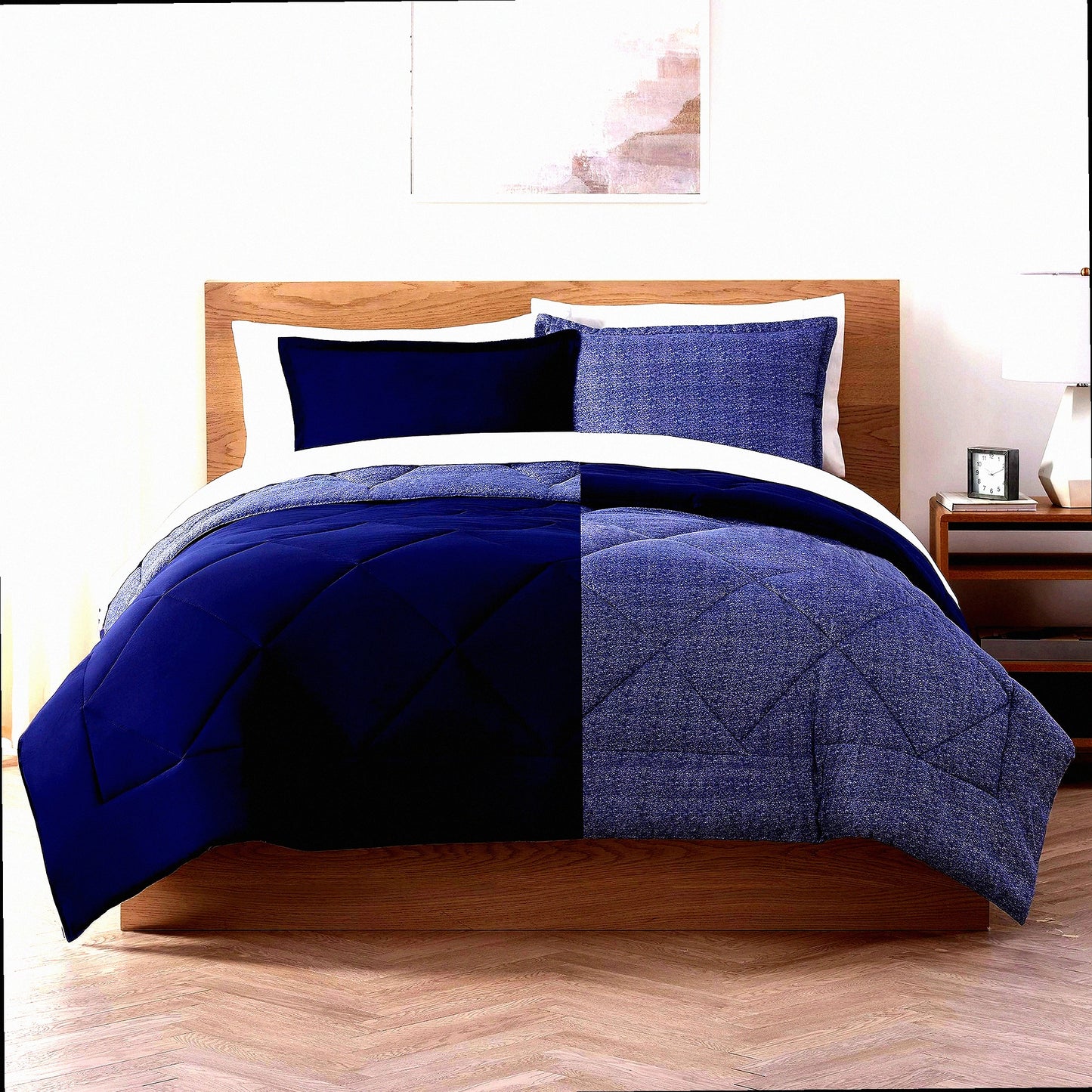 CoolBreeze 7pc Reversible Bed Set - Queen Size Comforter, Sheets, Pillow Covers - Supersoft Cooling Technology - Peacoat Blue - All-in-One Bedding