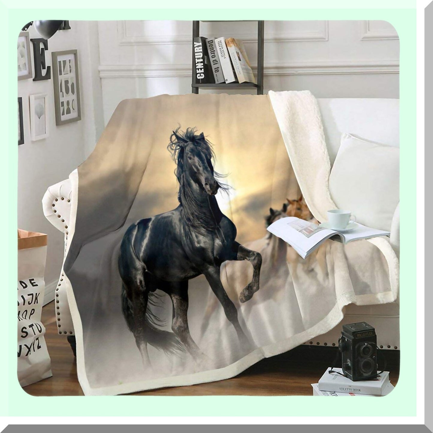 Exotic Tribal Horse Sherpa Throw - 3D Animal Pattern, Farmhouse Style, Soft Fleece Blanket for Cowboys, Teens, and Adults