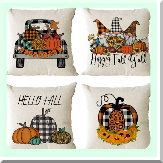 Autumn Harvest Pillow Covers - Set of 4 Plaid Pumpkin Gnomes Sunflower Outdoor Throw Pillows for Thanksgiving Farmhouse Decor - 16x16 Inch
