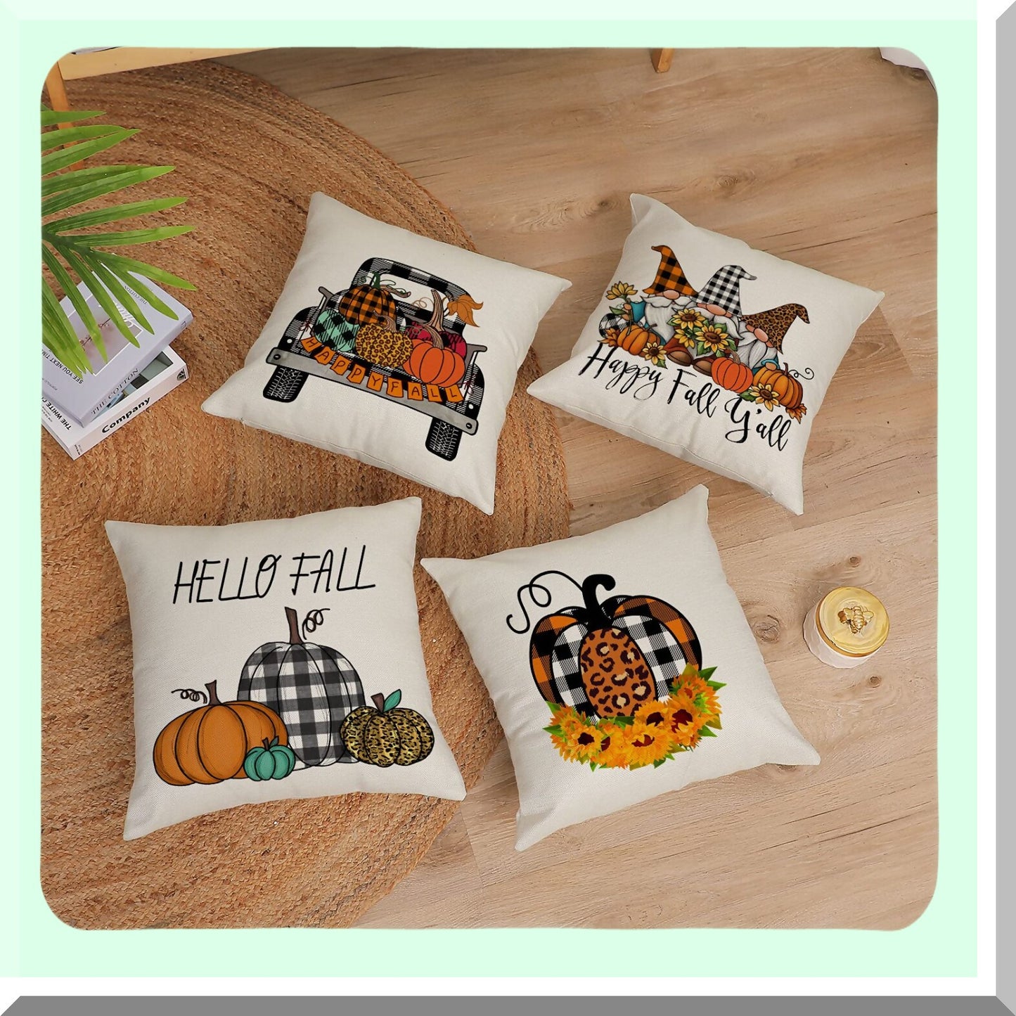 Autumn Harvest Pillow Covers - Set of 4 Plaid Pumpkin Gnomes Sunflower Outdoor Throw Pillows for Thanksgiving Farmhouse Decor - 16x16 Inch
