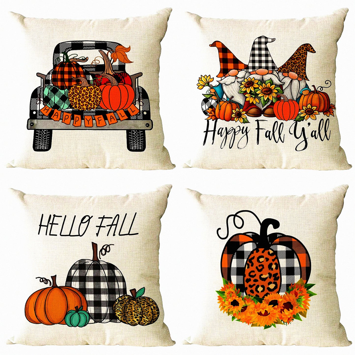 Autumn Harvest Pillow Covers - Set of 4 Plaid Pumpkin Gnomes Sunflower Outdoor Throw Pillows for Thanksgiving Farmhouse Decor - 16x16 Inch