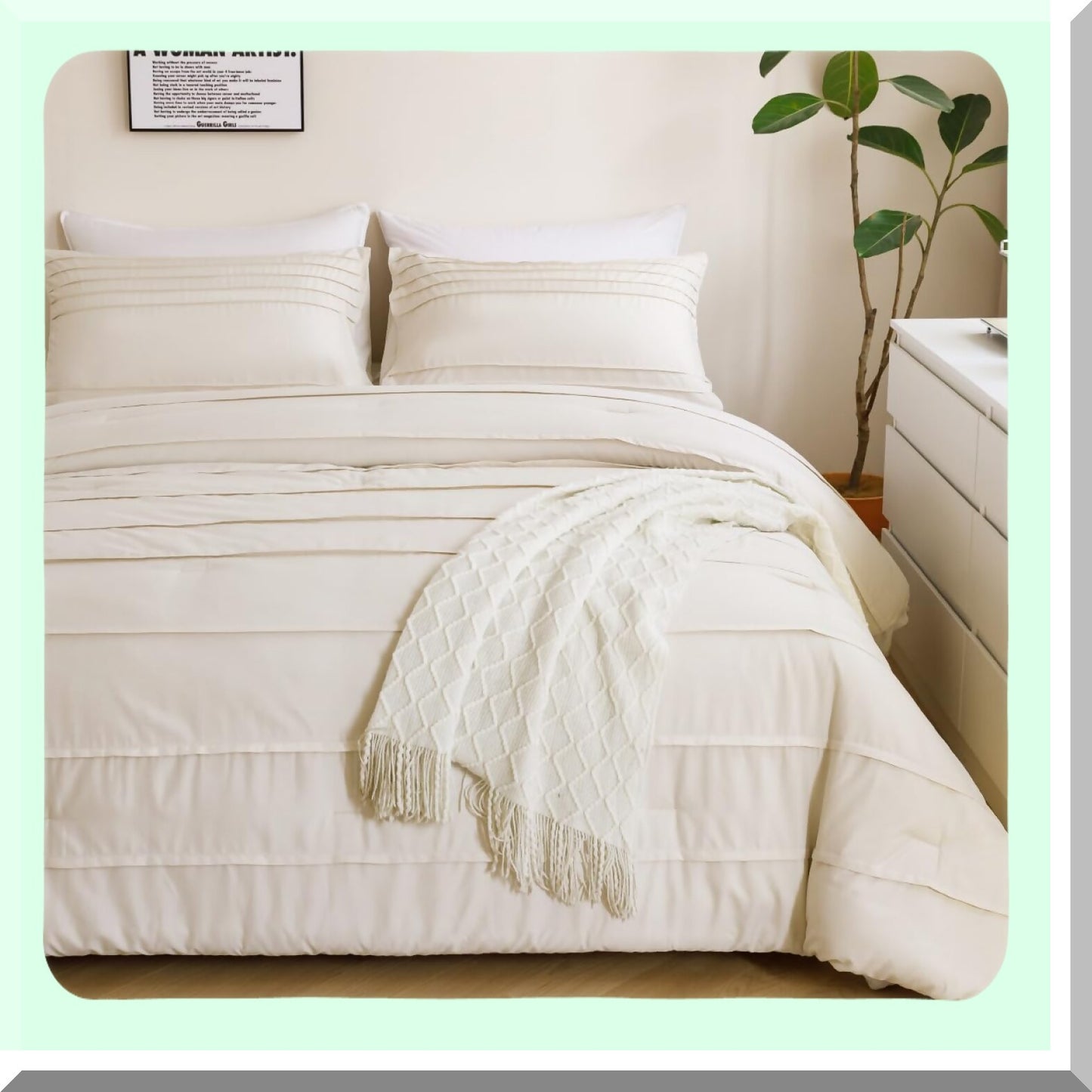Bohemian Bliss Pleated Comforter Set - Full Size 5-Piece Bedding Set with Pinch Pintuck Striped Sheets - All Seasons Beige Grey Textured Fluffy Comforter Set