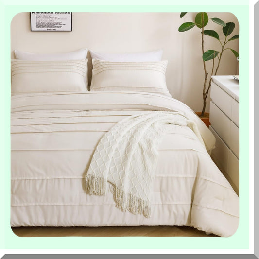 Bohemian Bliss Pleated Comforter Set - Full Size 5-Piece Bedding Set with Pinch Pintuck Striped Sheets - All Seasons Beige Grey Textured Fluffy Comforter Set