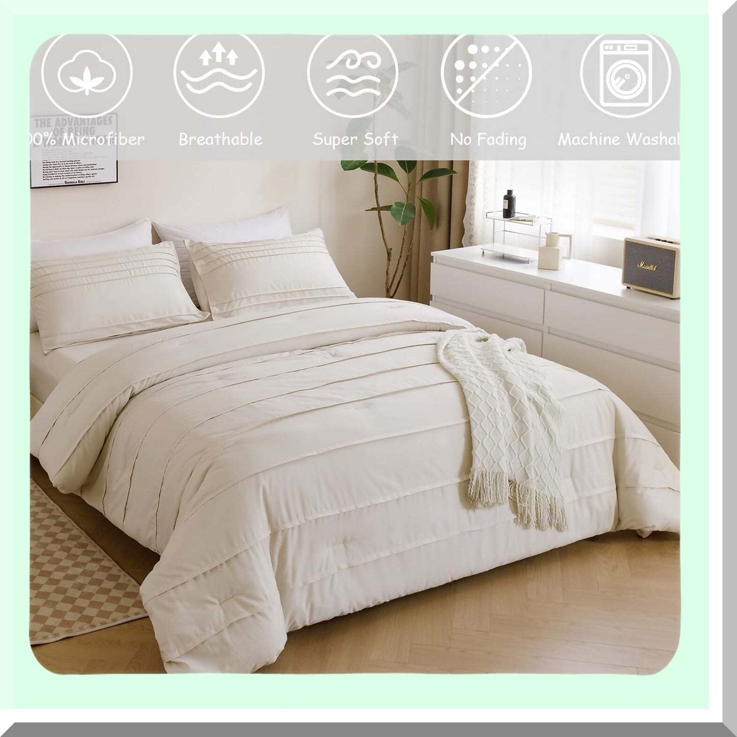 Bohemian Bliss Pleated Comforter Set - Full Size 5-Piece Bedding Set with Pinch Pintuck Striped Sheets - All Seasons Beige Grey Textured Fluffy Comforter Set