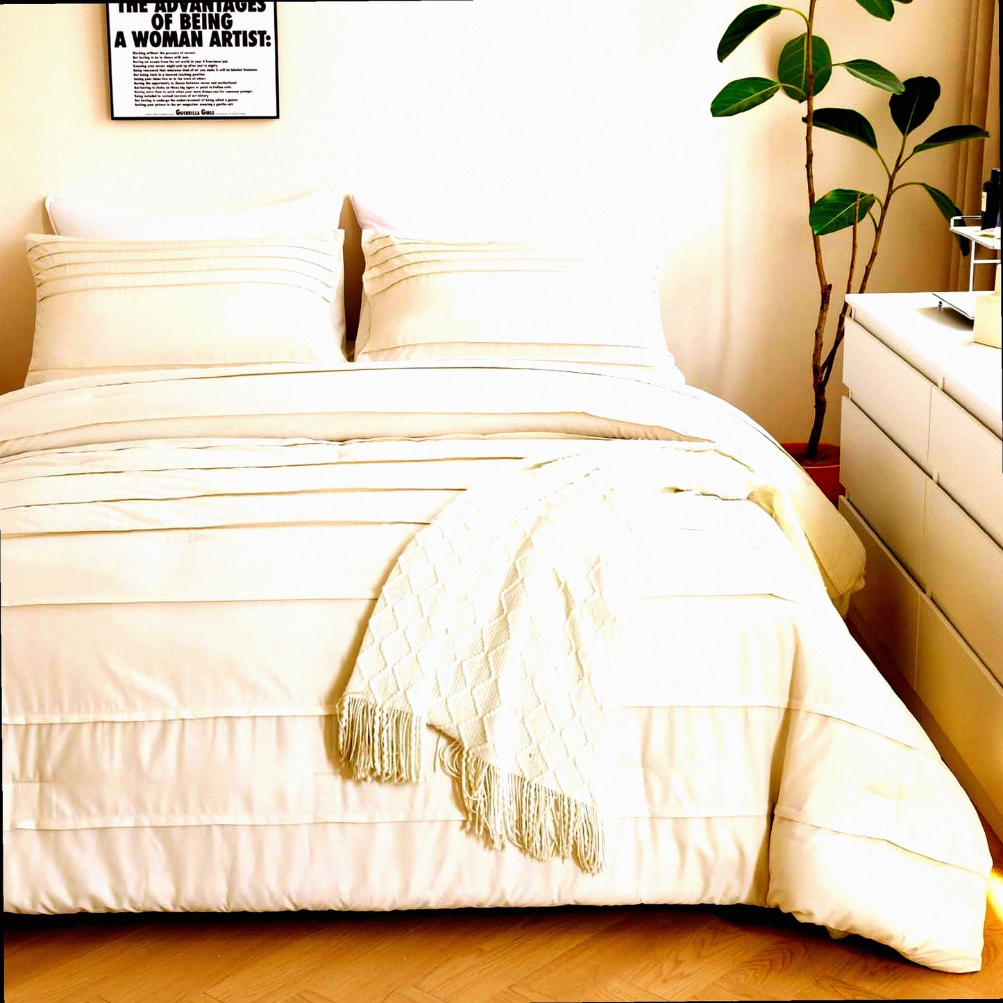 Bohemian Bliss Pleated Comforter Set - Full Size 5-Piece Bedding Set with Pinch Pintuck Striped Sheets - All Seasons Beige Grey Textured Fluffy Comforter Set