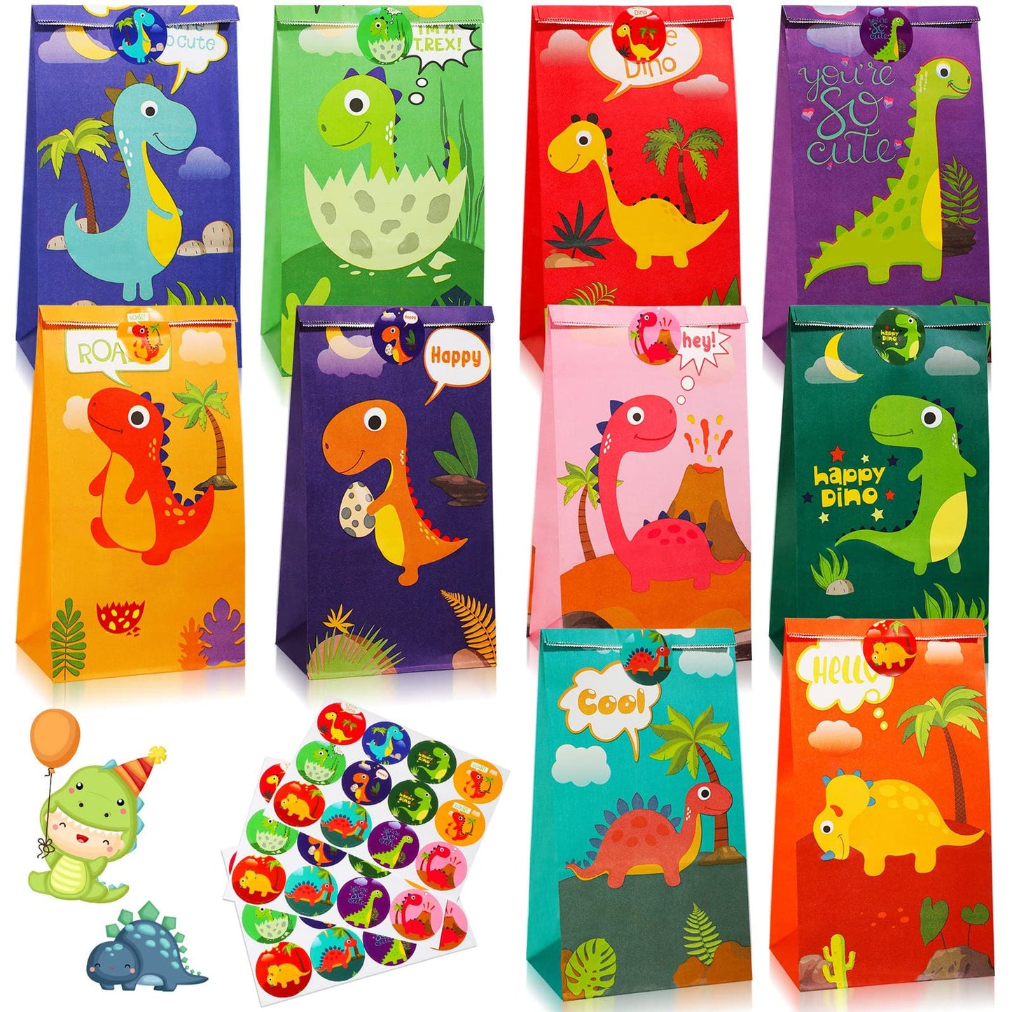 DinoTreats Party Pack - 30 Dinosaur Goodie Bags with Stickers for Kids Birthday & Baby Shower. Perfect for Dino Themed Celebrations!
