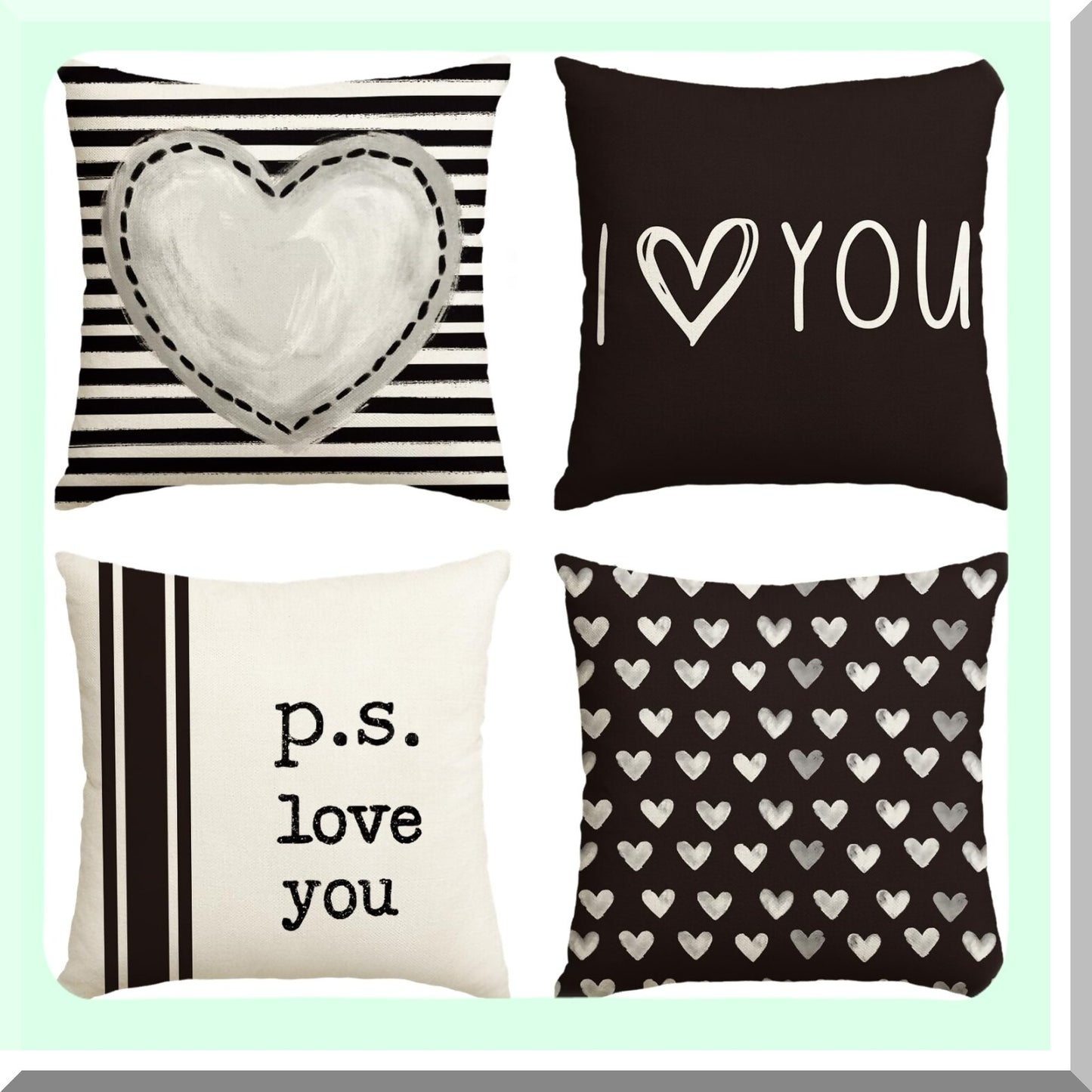 Love Heart Stripes Throw Pillow Covers - Set of 4, Wedding Cushion Case Decoration for Sofa Couch, 18 x 18 Inch I Love You Theme