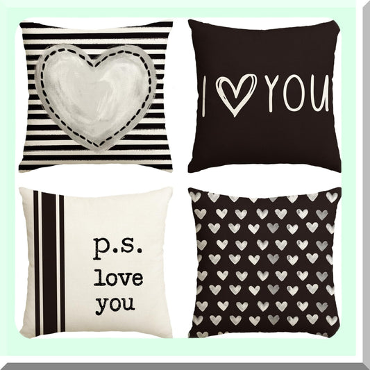 Love Heart Stripes Throw Pillow Covers - Set of 4, Wedding Cushion Case Decoration for Sofa Couch, 18 x 18 Inch I Love You Theme