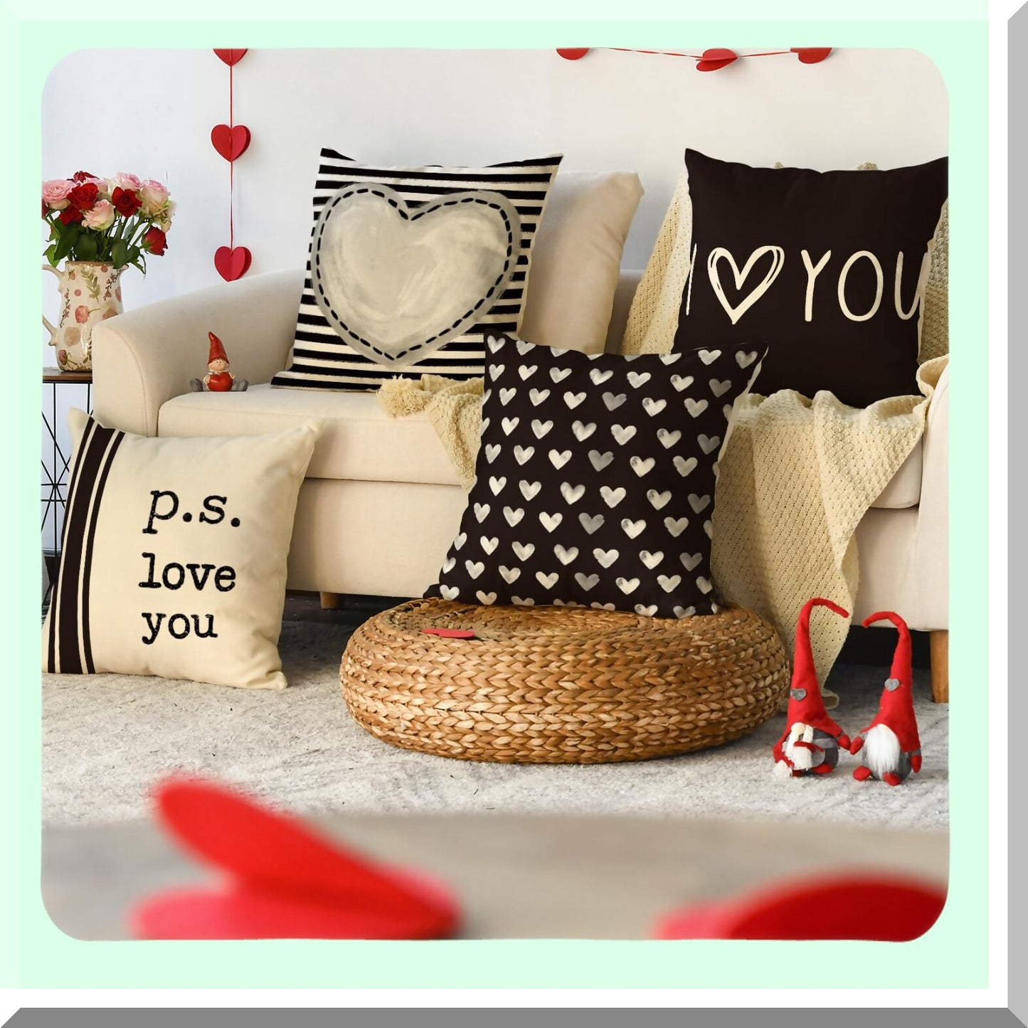 Love Heart Stripes Throw Pillow Covers - Set of 4, Wedding Cushion Case Decoration for Sofa Couch, 18 x 18 Inch I Love You Theme