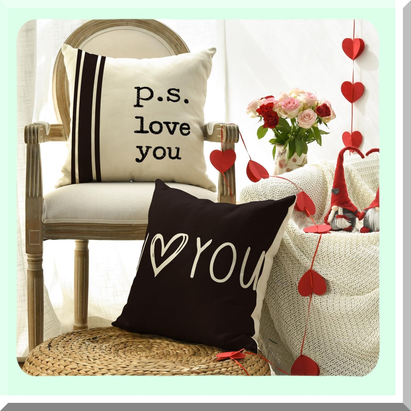 Love Heart Stripes Throw Pillow Covers - Set of 4, Wedding Cushion Case Decoration for Sofa Couch, 18 x 18 Inch I Love You Theme