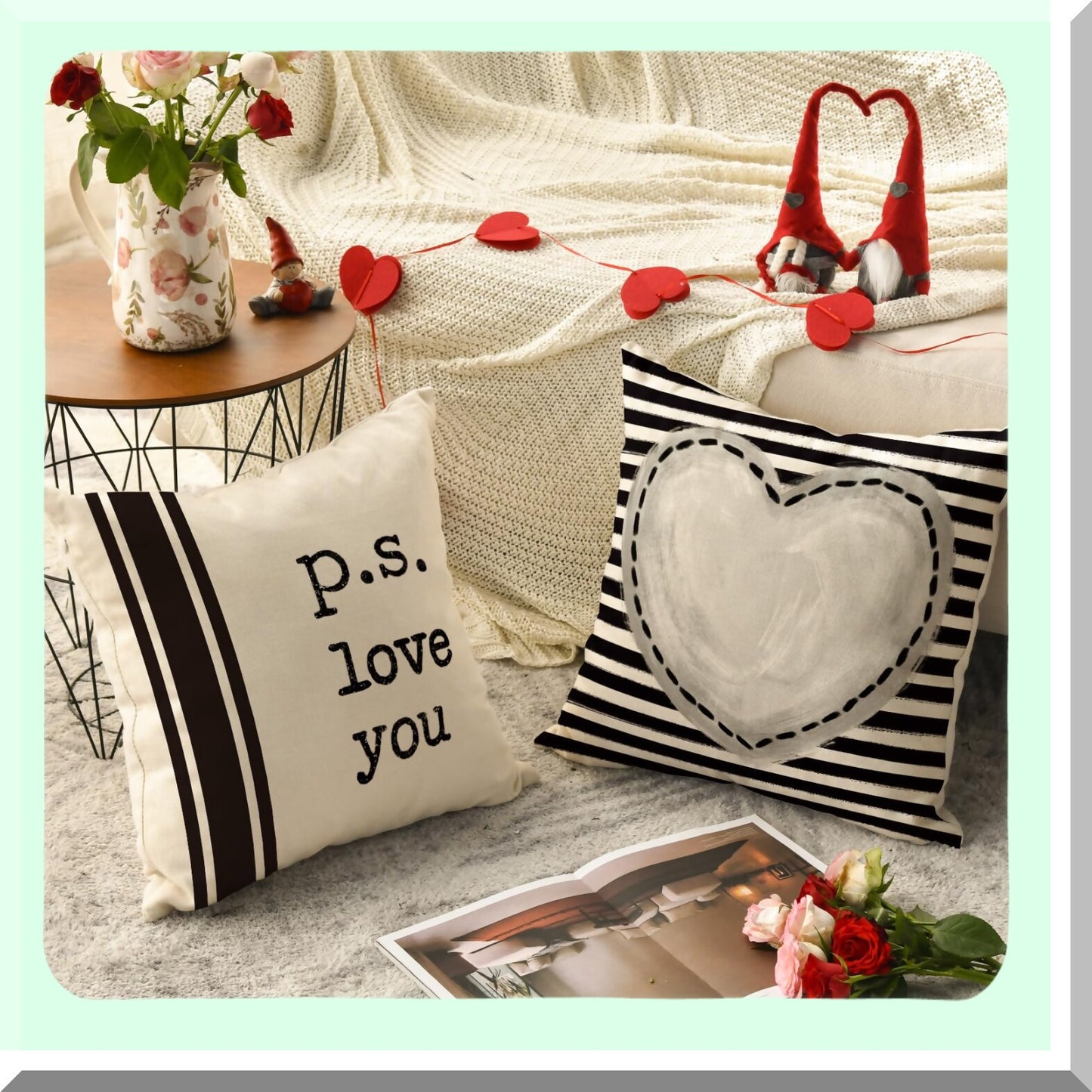 Love Heart Stripes Throw Pillow Covers - Set of 4, Wedding Cushion Case Decoration for Sofa Couch, 18 x 18 Inch I Love You Theme