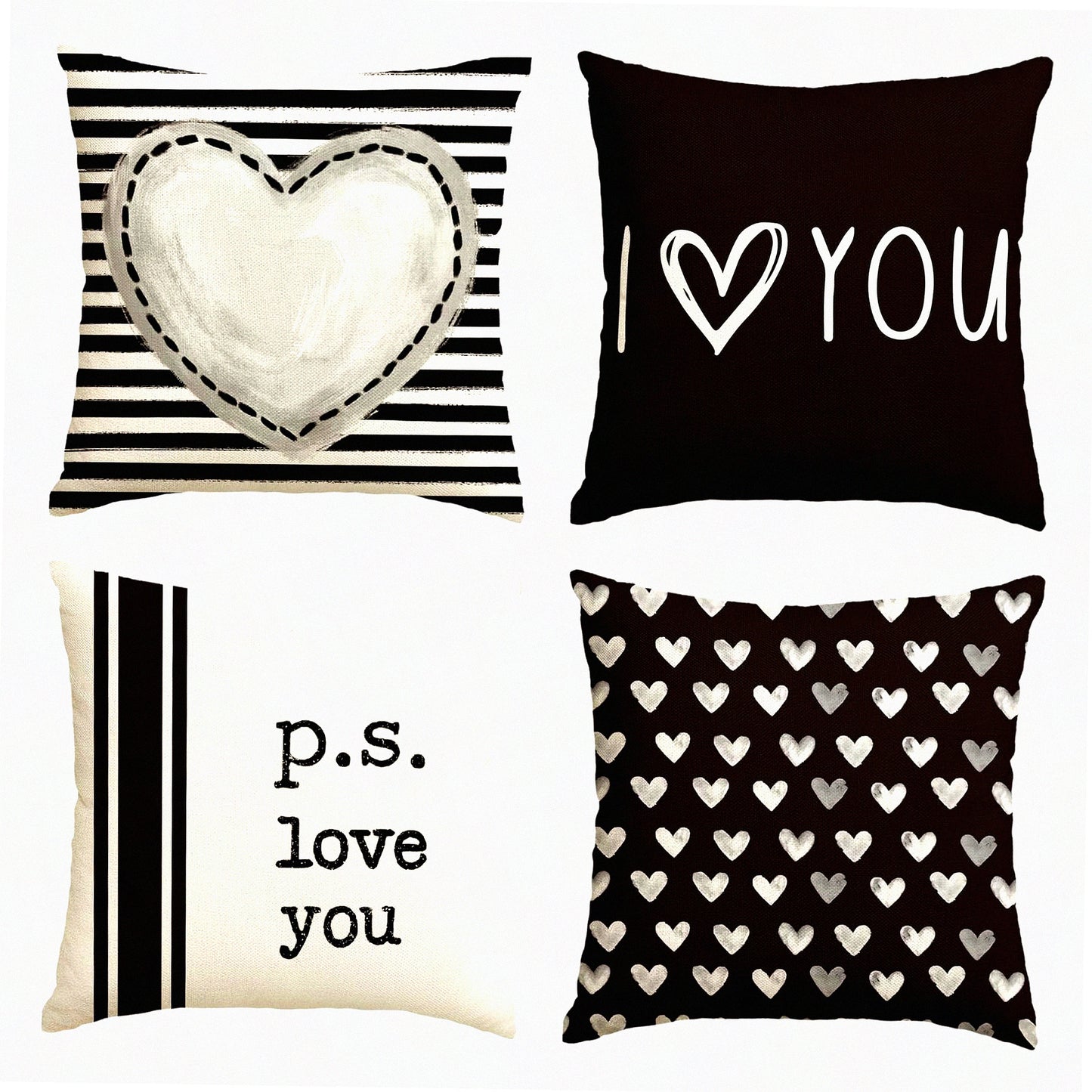 Love Heart Stripes Throw Pillow Covers - Set of 4, Wedding Cushion Case Decoration for Sofa Couch, 18 x 18 Inch I Love You Theme